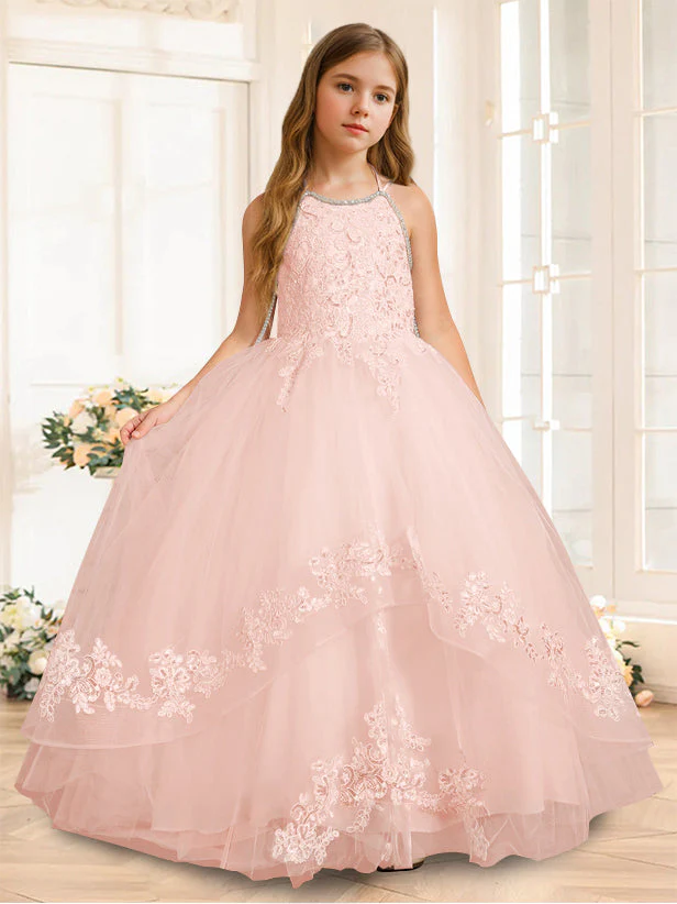 A-Line/Princess Halter Sleeveless Floor-Length Flower Girl Dress with Rhinestone - Image 15
