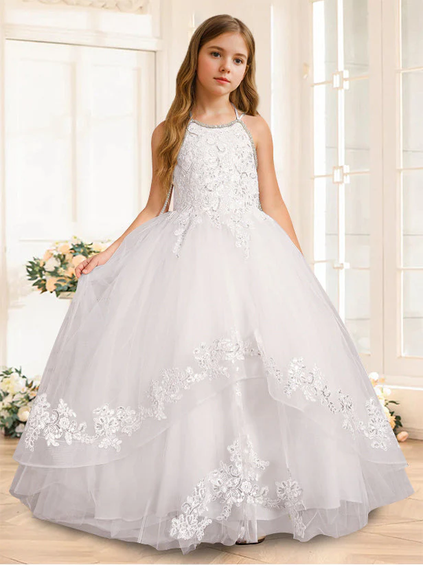 A-Line/Princess Halter Sleeveless Floor-Length Flower Girl Dress with Rhinestone - Image 17
