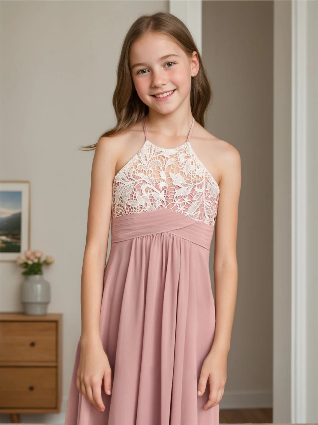 A-Line/Princess Halter Sleeveless Junior Bridesmaid Dresses with Lace - Image 3