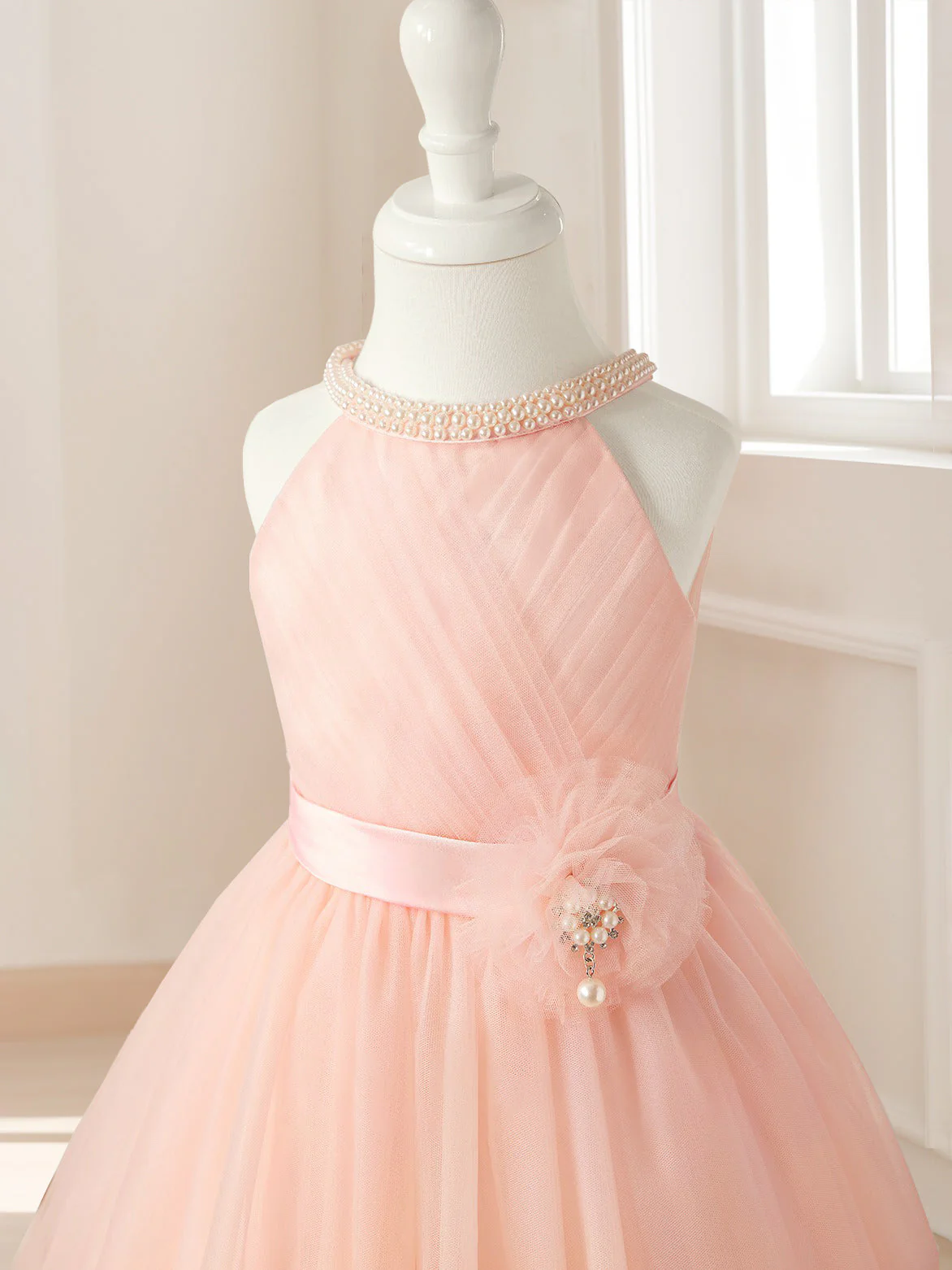 A-Line/Princess Halter Sleeveless Knee-Length Ruched Flower Girl Dresses with Sash & Pearls & Self-tie - Image 6