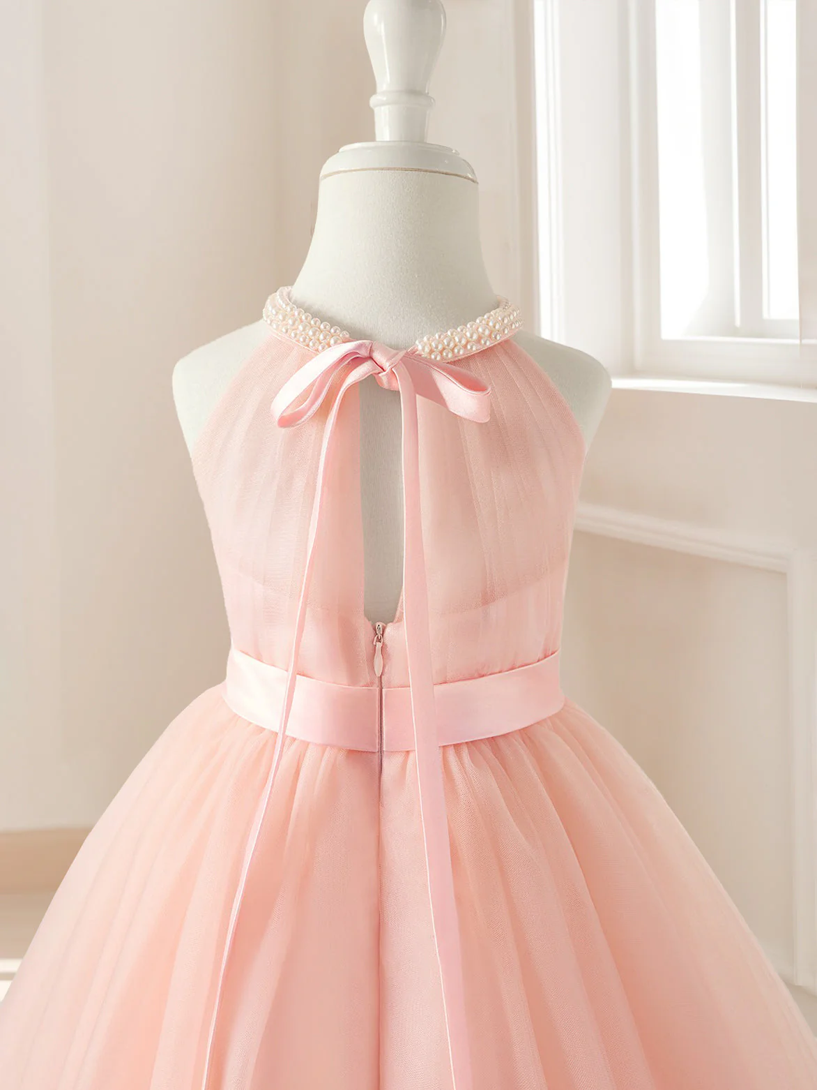 A-Line/Princess Halter Sleeveless Knee-Length Ruched Flower Girl Dresses with Sash & Pearls & Self-tie - Image 7