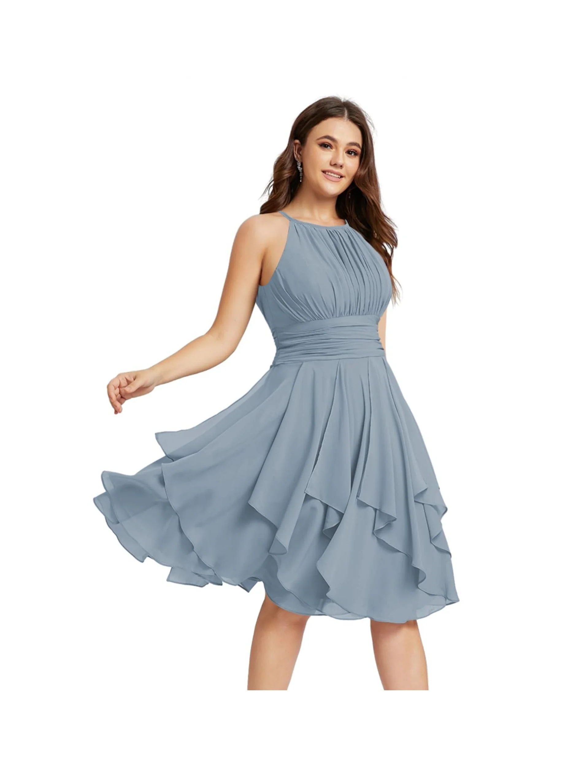 A Line/Princess Halter  Sleeveless Short/Mini  Bridesmaid Dresses Chiffon Ruffle Pleated Pockets - Image 10