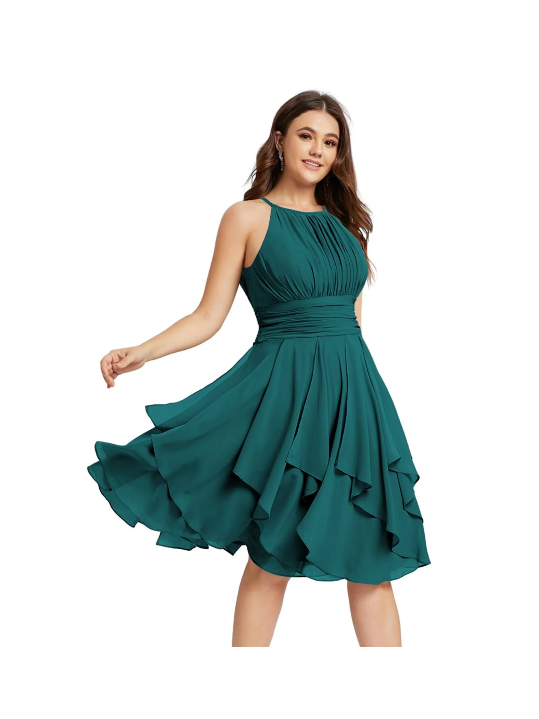 A Line/Princess Halter  Sleeveless Short/Mini  Bridesmaid Dresses Chiffon Ruffle Pleated Pockets - Image 24