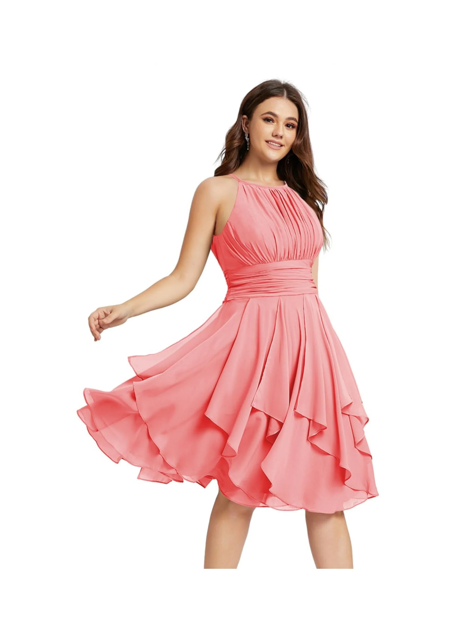 A Line/Princess Halter  Sleeveless Short/Mini  Bridesmaid Dresses Chiffon Ruffle Pleated Pockets - Image 31