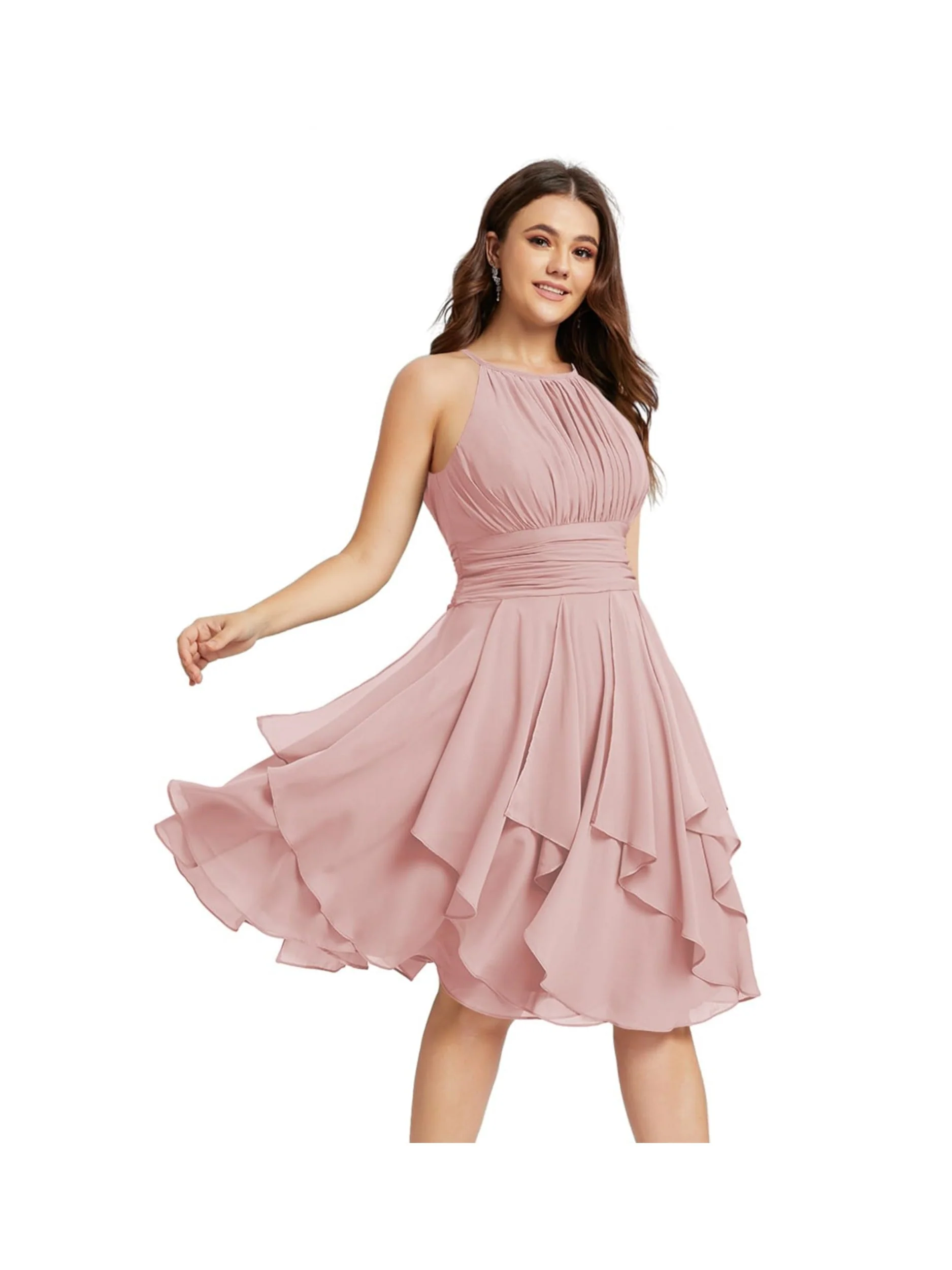 A Line/Princess Halter  Sleeveless Short/Mini  Bridesmaid Dresses Chiffon Ruffle Pleated Pockets - Image 34