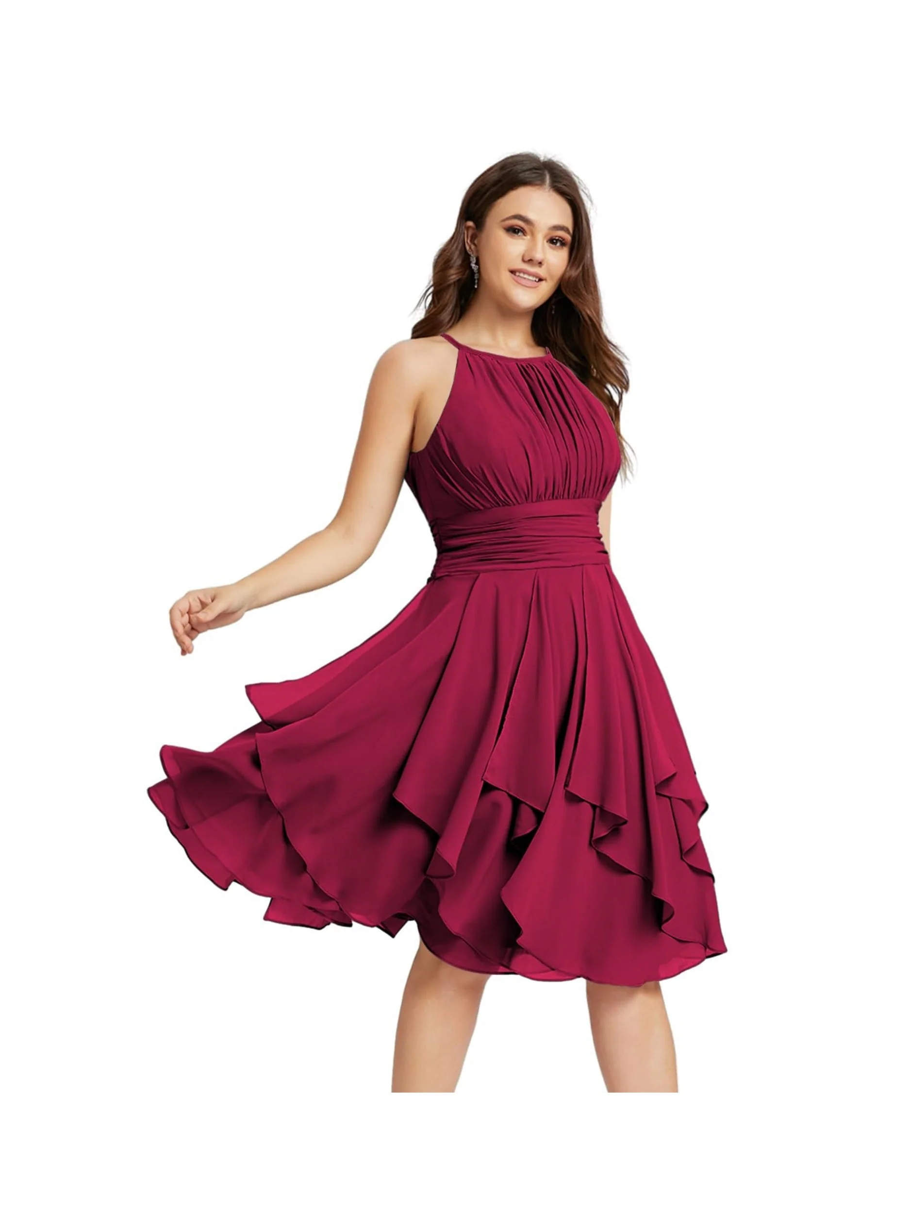 A Line/Princess Halter  Sleeveless Short/Mini  Bridesmaid Dresses Chiffon Ruffle Pleated Pockets - Image 35