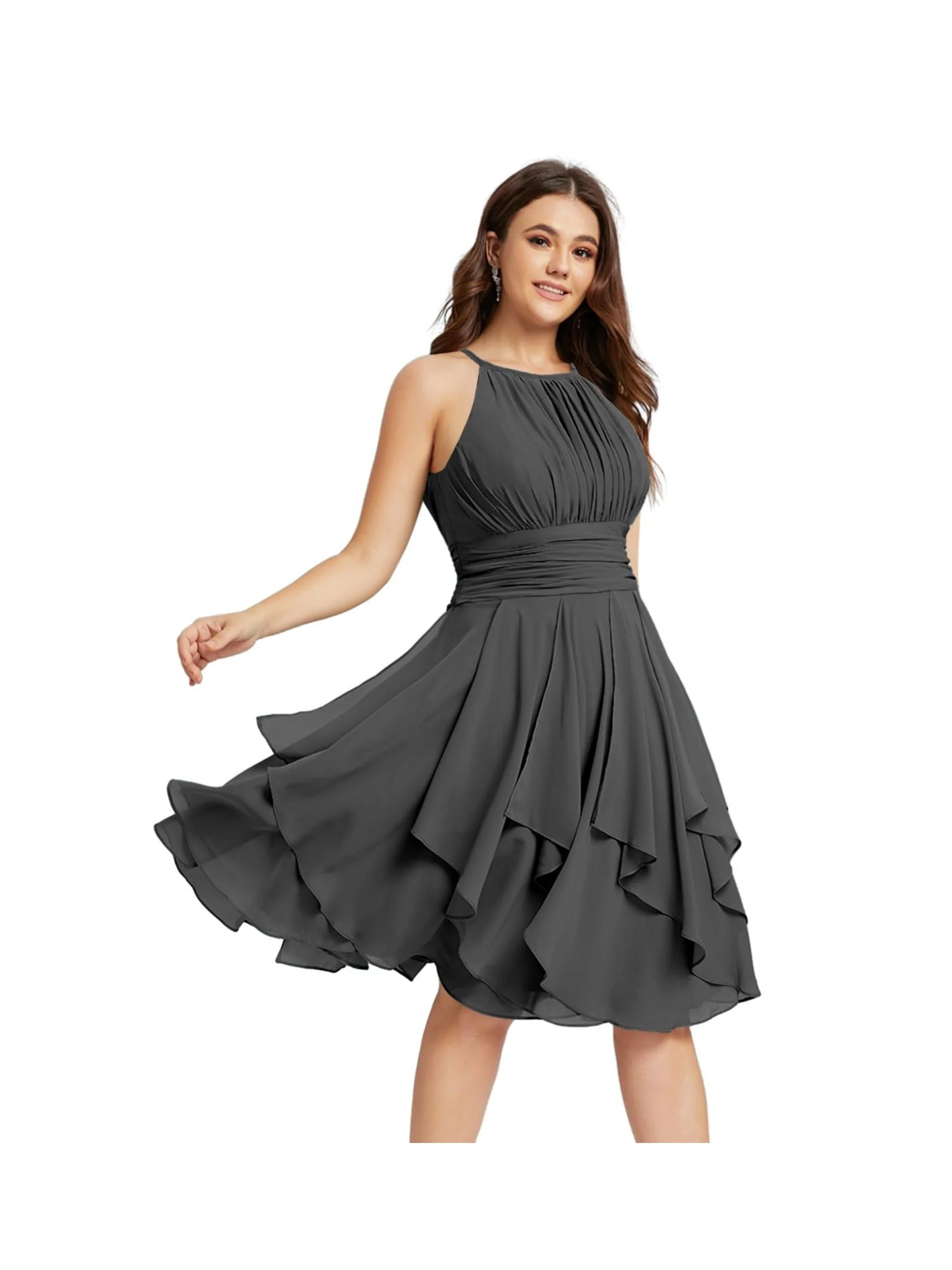 A Line/Princess Halter  Sleeveless Short/Mini  Bridesmaid Dresses Chiffon Ruffle Pleated Pockets - Image 40