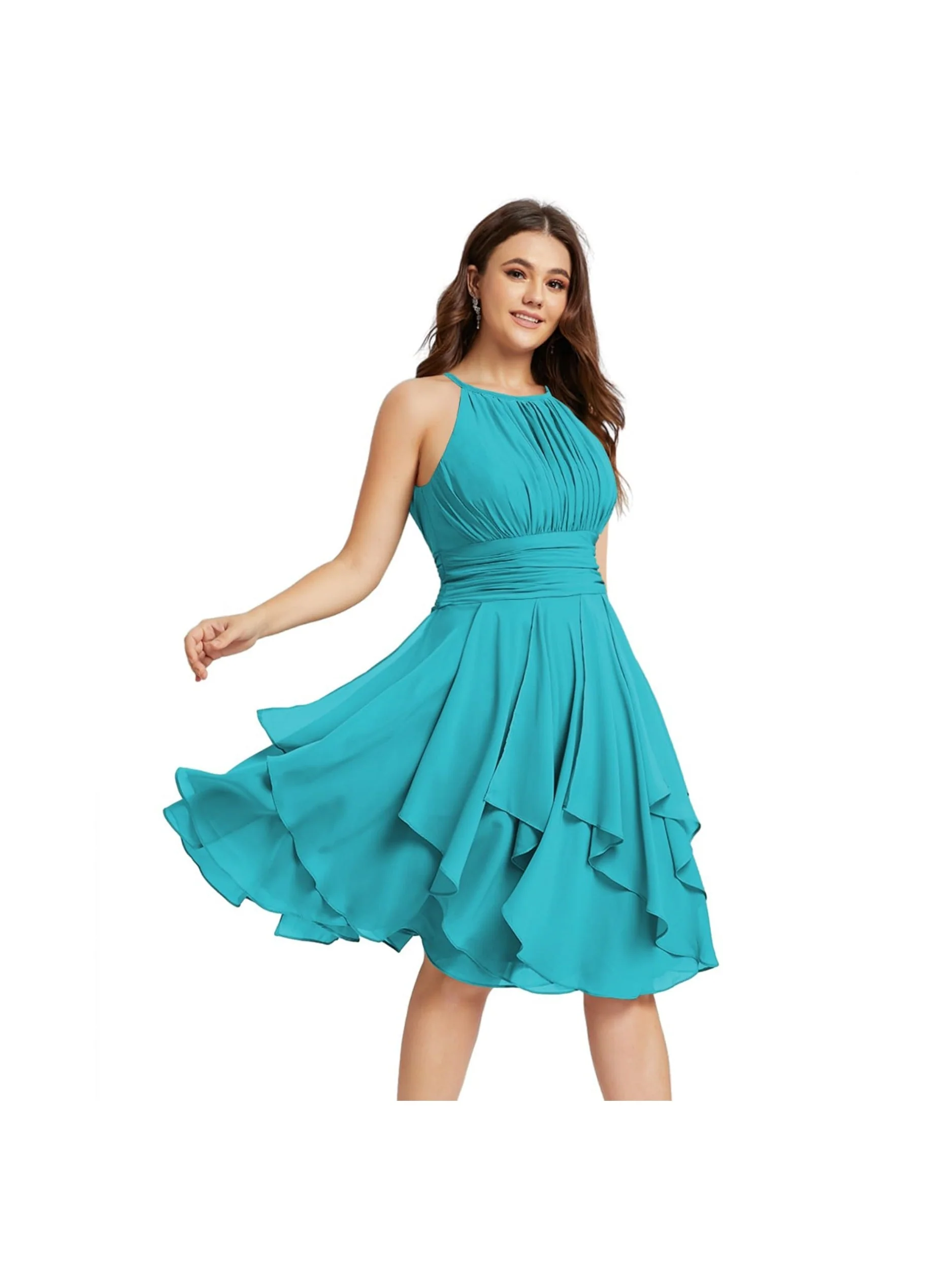 A Line/Princess Halter  Sleeveless Short/Mini  Bridesmaid Dresses Chiffon Ruffle Pleated Pockets - Image 43