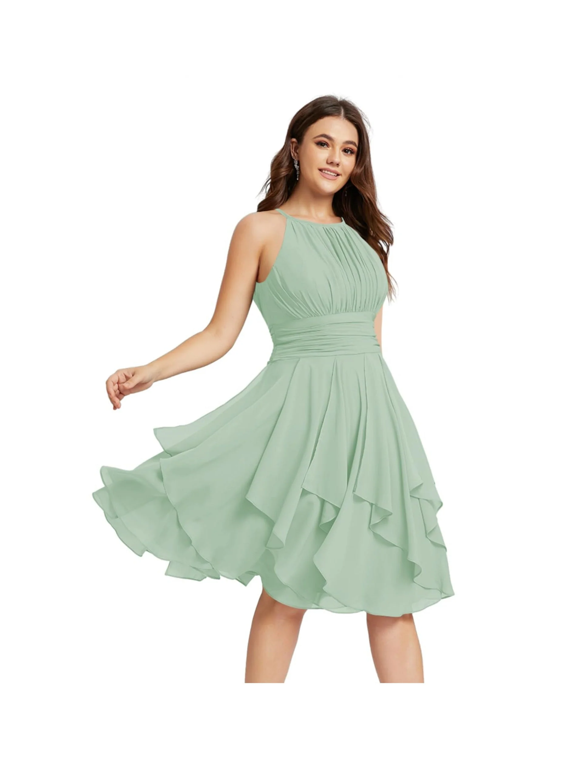 A Line/Princess Halter  Sleeveless Short/Mini  Bridesmaid Dresses Chiffon Ruffle Pleated Pockets - Image 5
