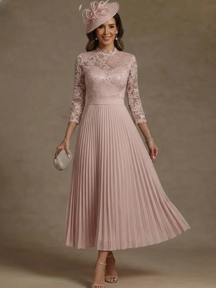 A-Line/Princess High Neck Chiffon Mother of the Bride Dresses Lace Tea-Length 3/4 Sleeves Pleated