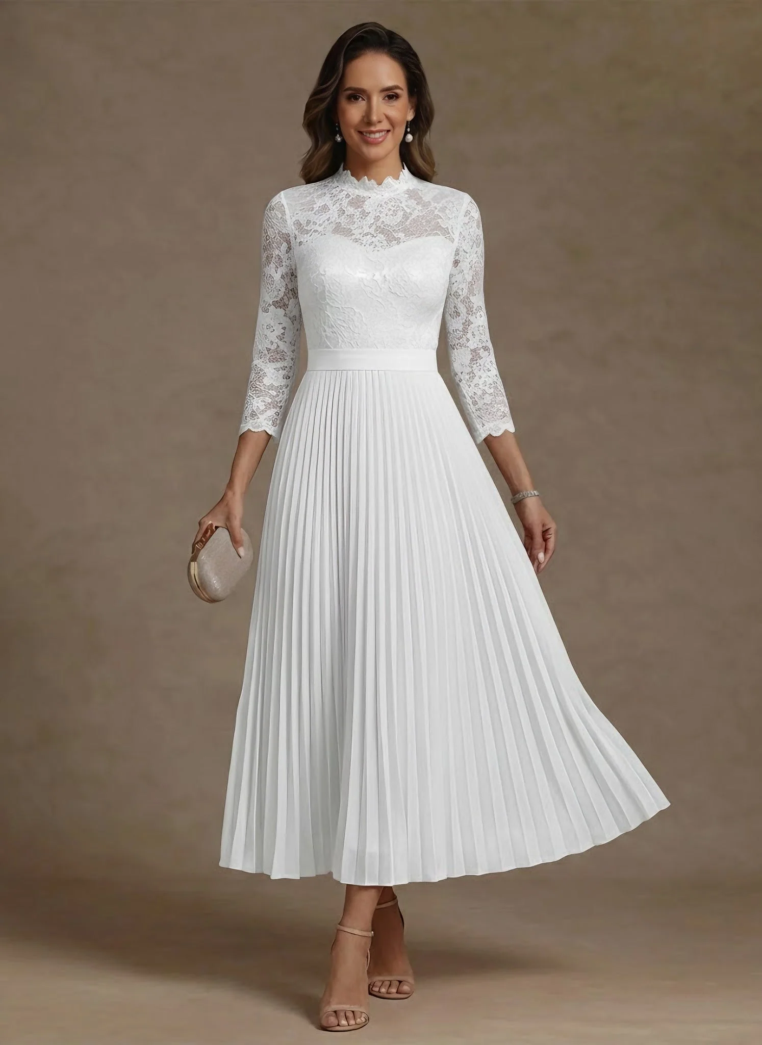 A-Line/Princess High Neck Chiffon Mother of the Bride Dresses Lace Tea-Length 3/4 Sleeves Pleated - Image 3