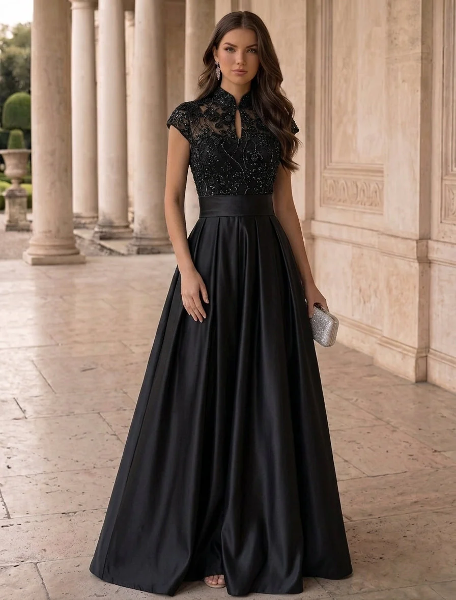 A-Line/Princess High Neck Sequins Lace Evening Dresses Satin Short Sleeves Floral Floor-Length Party Dresses - Image 3