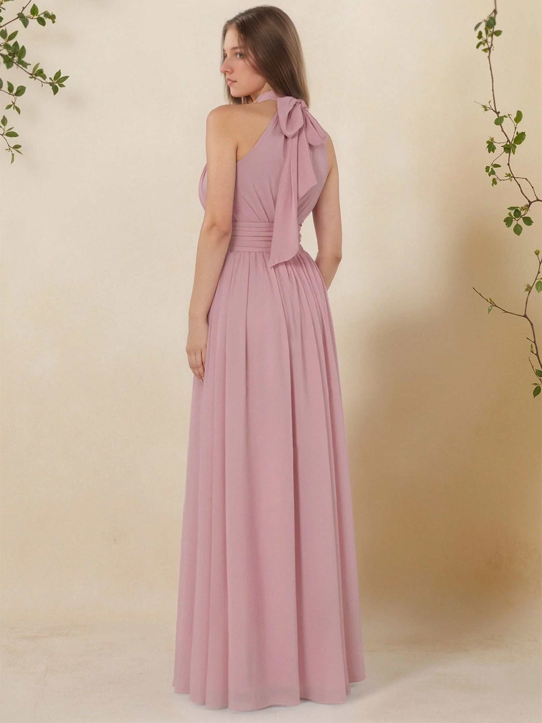 A-Line/Princess High Neck Sleeveless Ruched Floor-Length Pleated Bridesmaid Dresses with Bow & Slit - Image 4