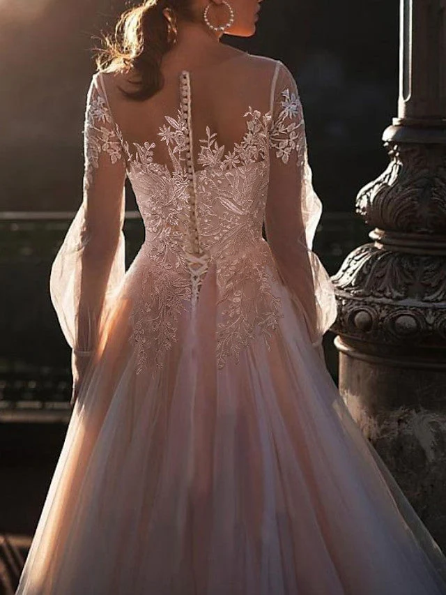 A-Line/Princess Illusion Neck Beach Wedding Dress with Embroidery Appliques - Image 2