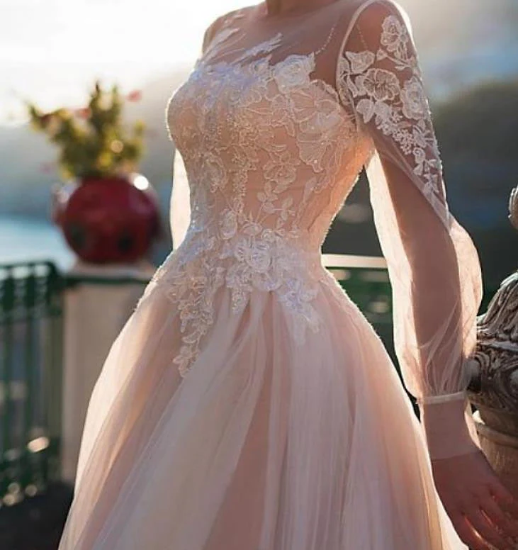 A-Line/Princess Illusion Neck Beach Wedding Dress with Embroidery Appliques - Image 4