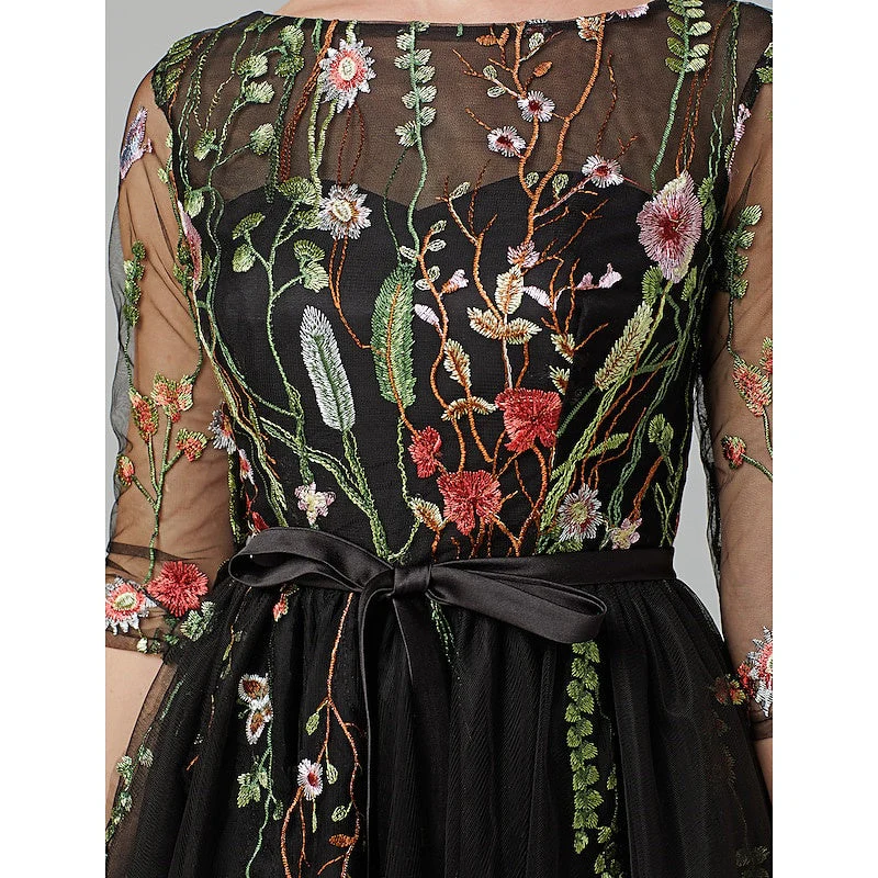 A Line/Princess Illusion Neck Short Sleeves Knee Length Wedding Guest Dress with Embroidery Appliques - Image 2