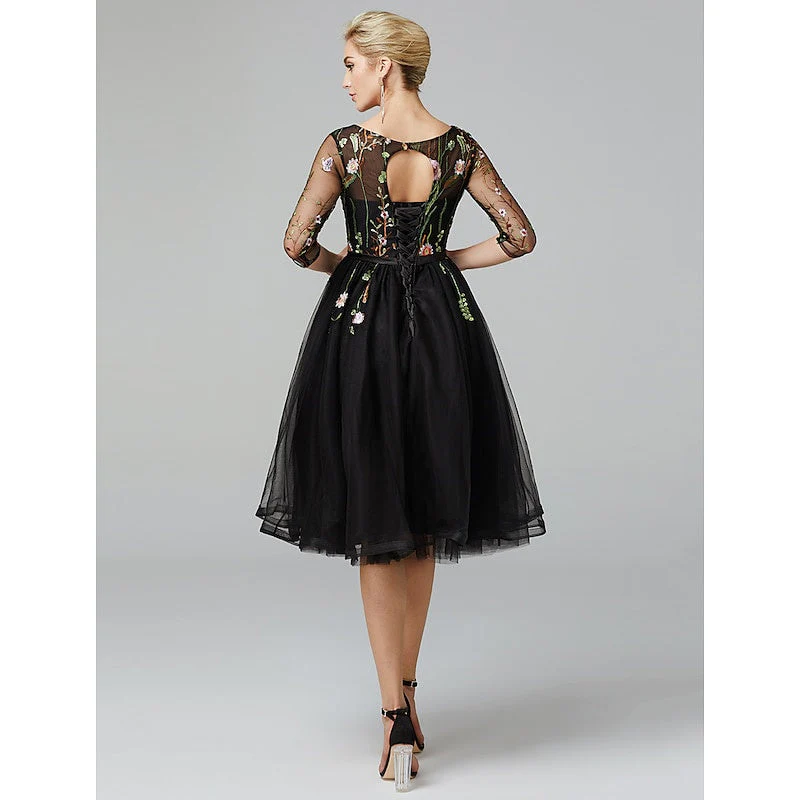 A Line/Princess Illusion Neck Short Sleeves Knee Length Wedding Guest Dress with Embroidery Appliques - Image 3