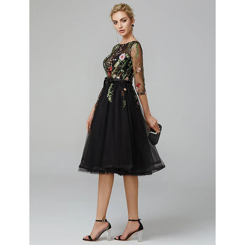 A Line/Princess Illusion Neck Short Sleeves Knee Length Wedding Guest Dress with Embroidery Appliques - Image 4