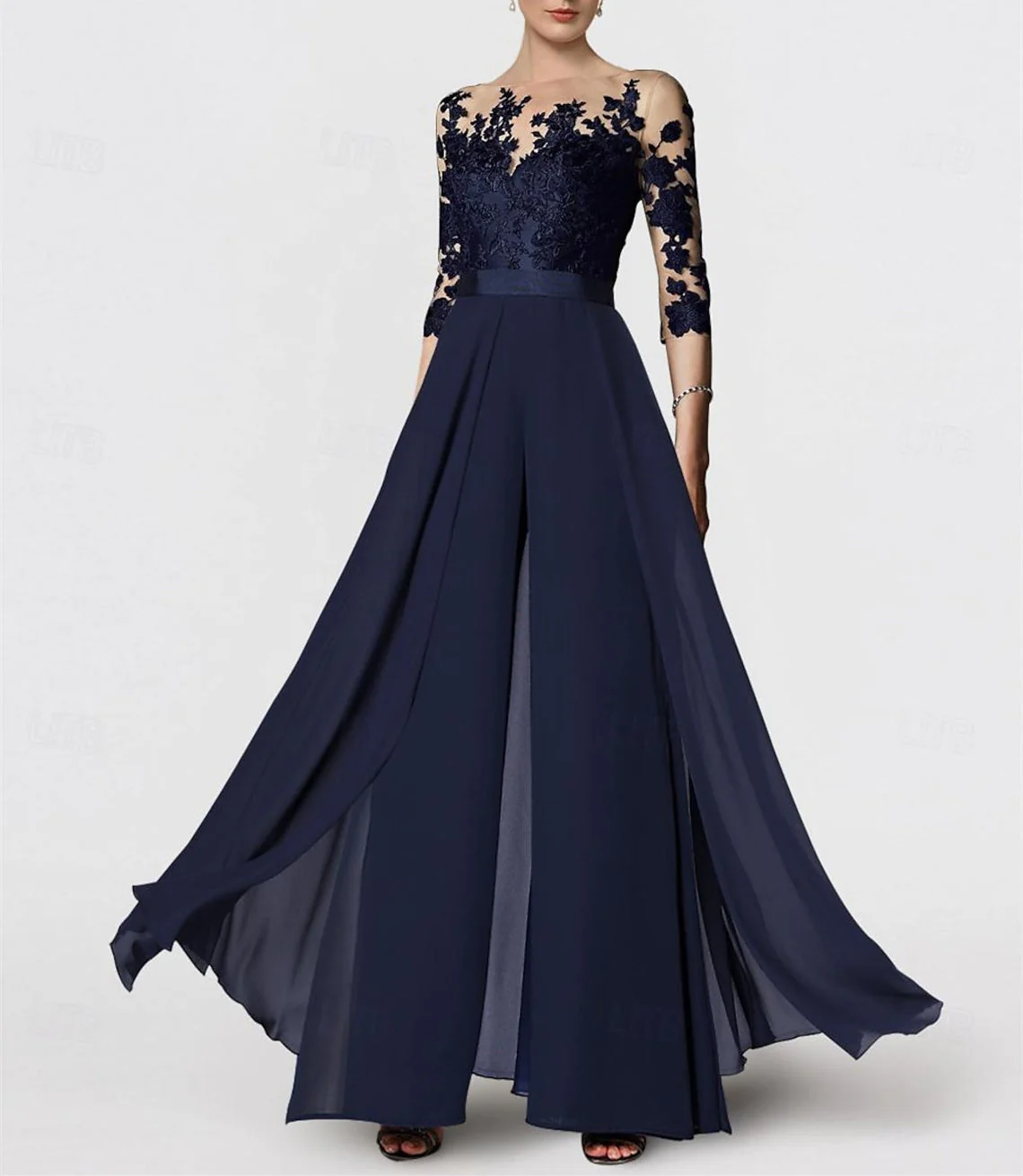 A-Line/Princess Jewel Neck 3/4 Length Sleeves Floor-Length Mother of the Bride Pantsuits with Applique - Image 11