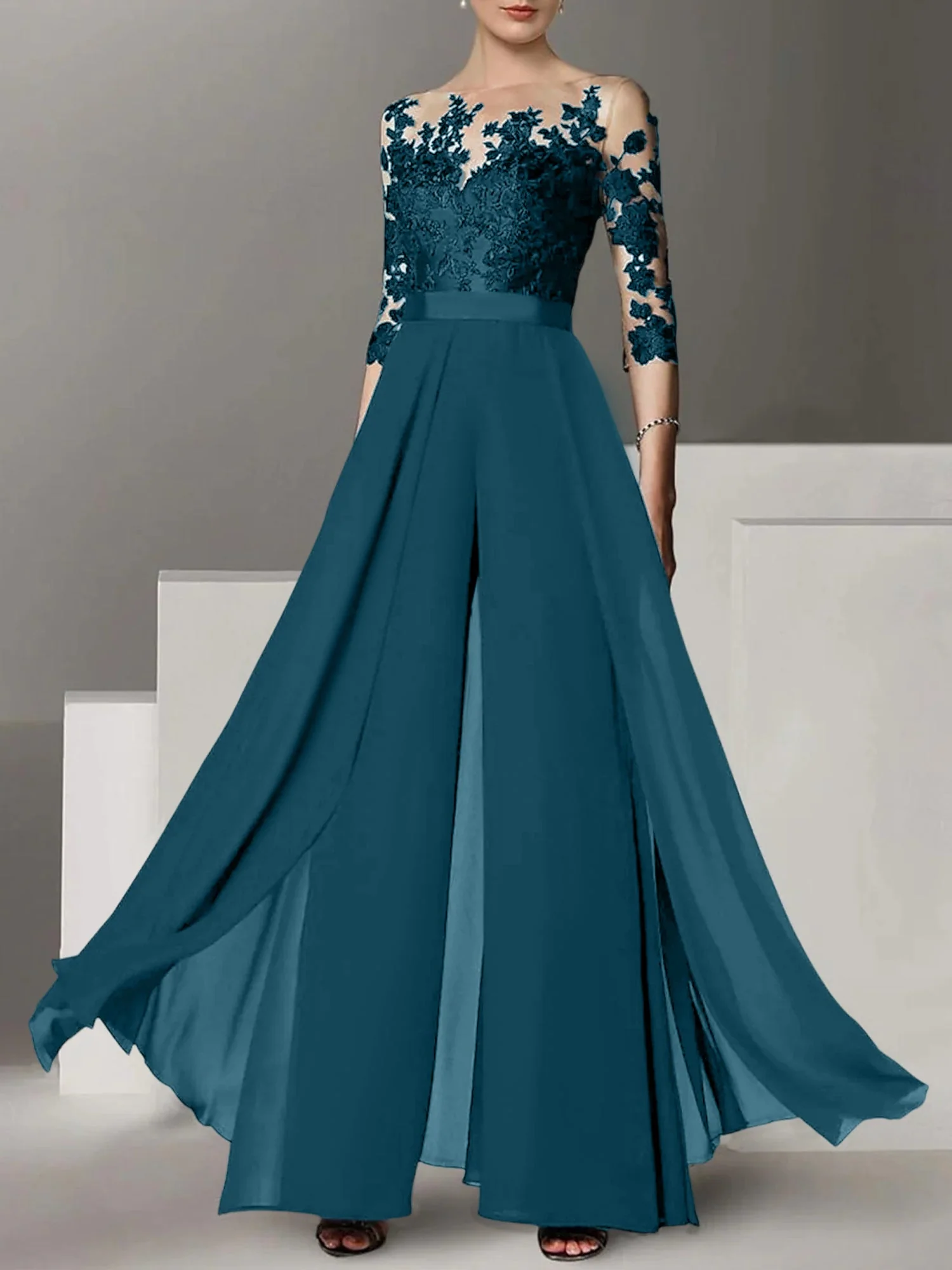 A-Line/Princess Jewel Neck 3/4 Length Sleeves Floor-Length Mother of the Bride Pantsuits with Applique - Image 12