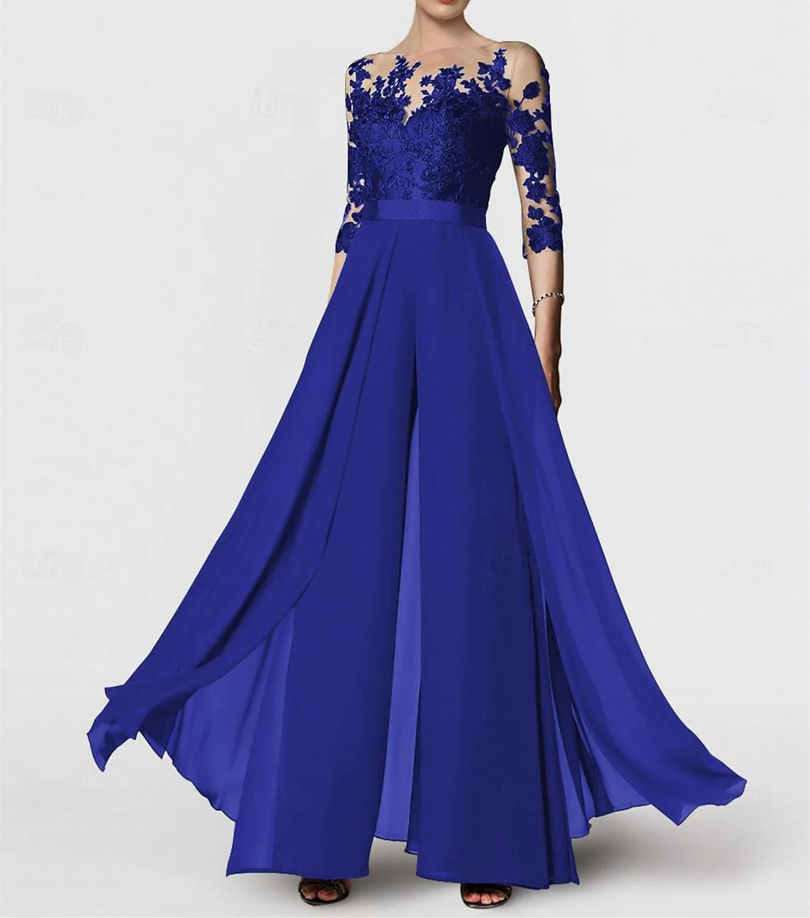 A-Line/Princess Jewel Neck 3/4 Length Sleeves Floor-Length Mother of the Bride Pantsuits with Applique - Image 13