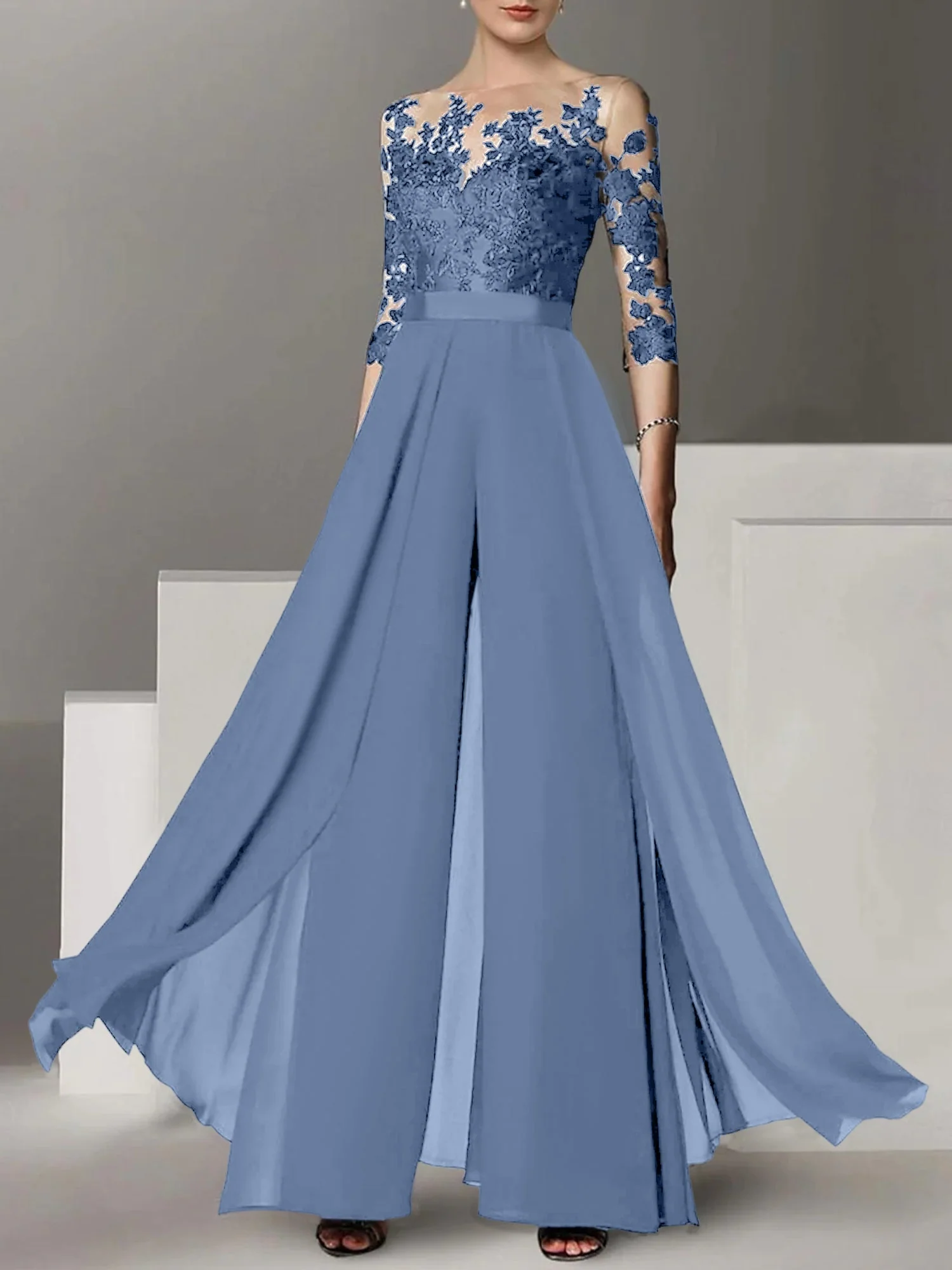 A-Line/Princess Jewel Neck 3/4 Length Sleeves Floor-Length Mother of the Bride Pantsuits with Applique - Image 14