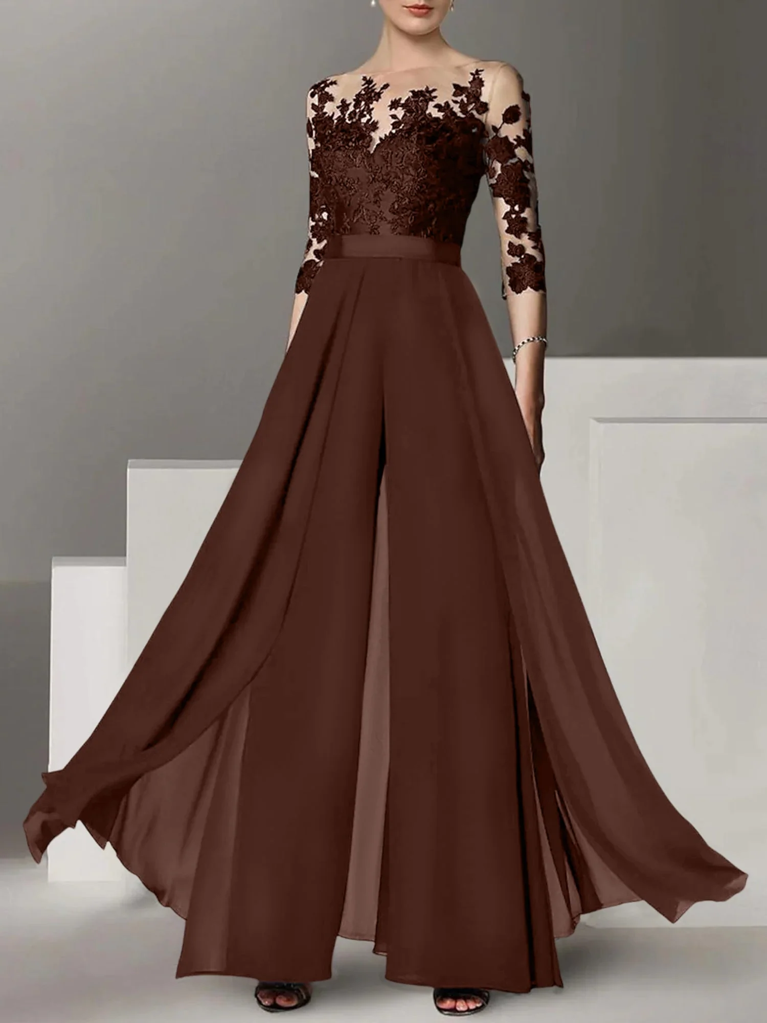 A-Line/Princess Jewel Neck 3/4 Length Sleeves Floor-Length Mother of the Bride Pantsuits with Applique - Image 15