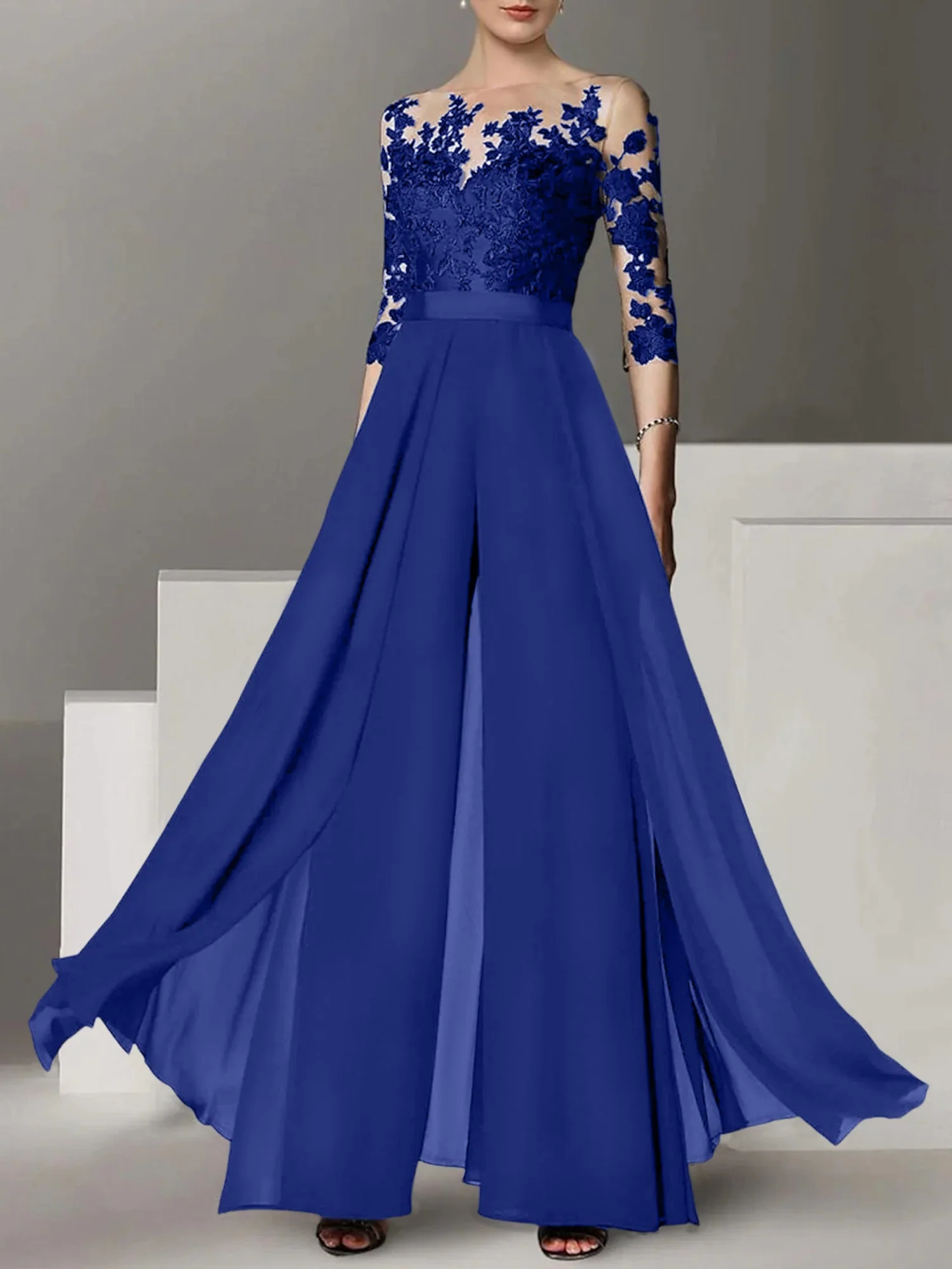 A-Line/Princess Jewel Neck 3/4 Length Sleeves Floor-Length Mother of the Bride Pantsuits with Applique - Image 16