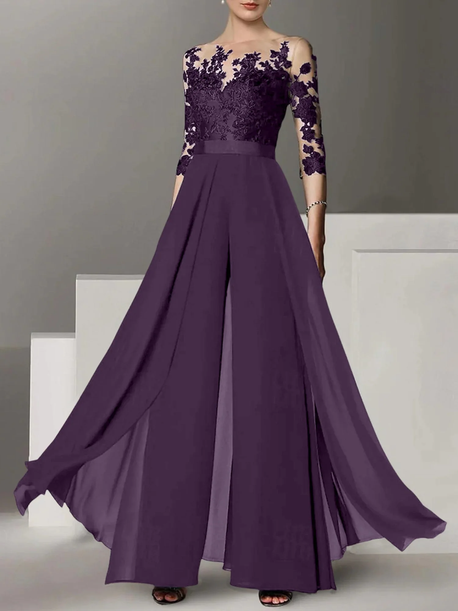 A-Line/Princess Jewel Neck 3/4 Length Sleeves Floor-Length Mother of the Bride Pantsuits with Applique - Image 17
