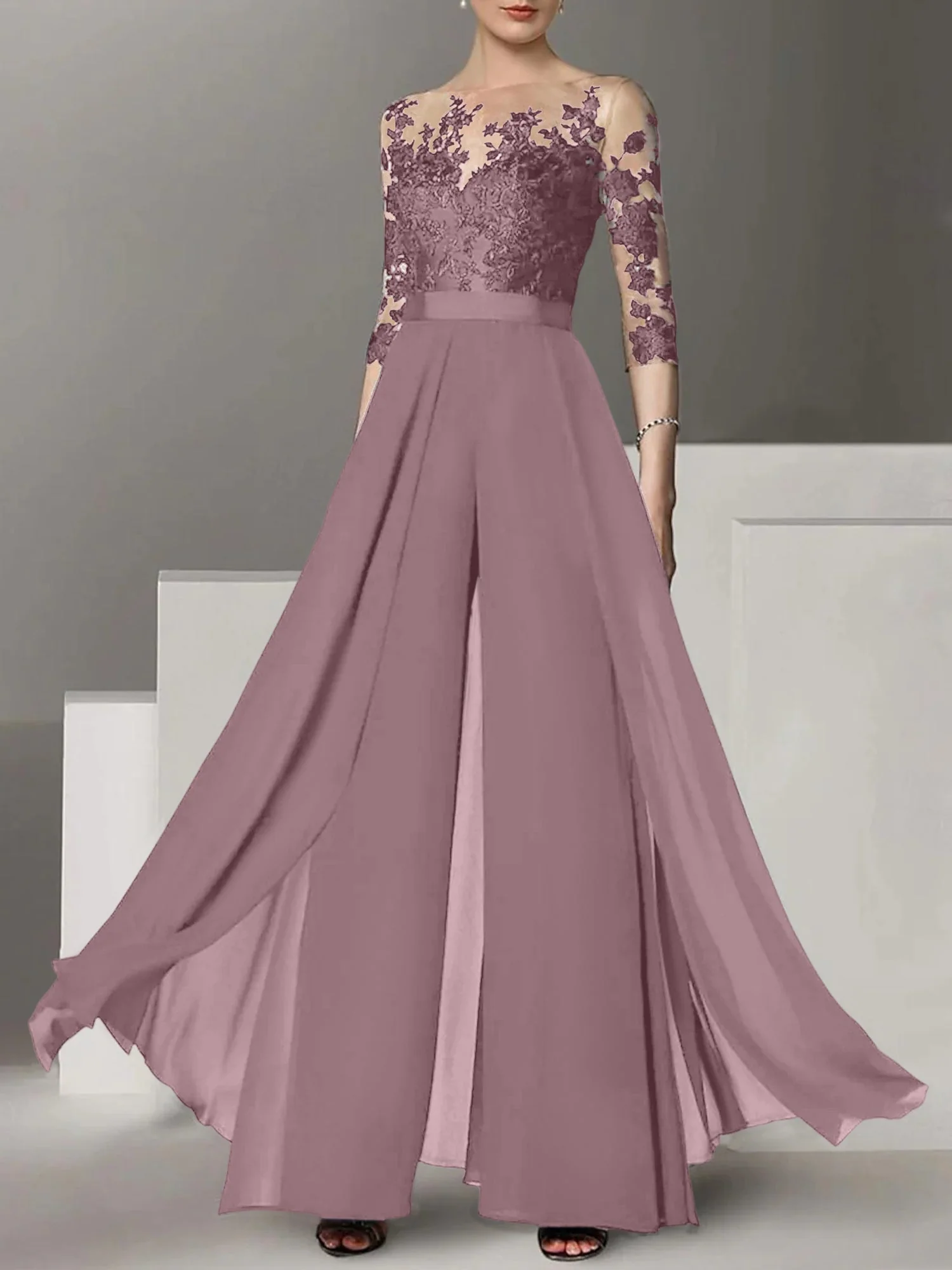 A-Line/Princess Jewel Neck 3/4 Length Sleeves Floor-Length Mother of the Bride Pantsuits with Applique - Image 18
