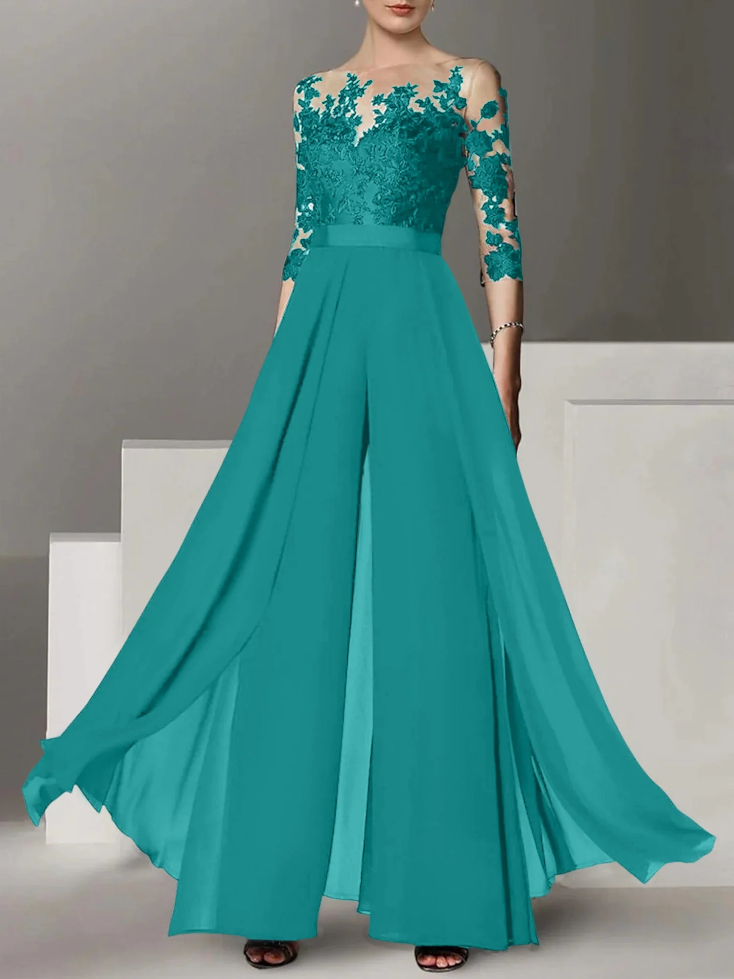 A-Line/Princess Jewel Neck 3/4 Length Sleeves Floor-Length Mother of the Bride Pantsuits with Applique - Image 19