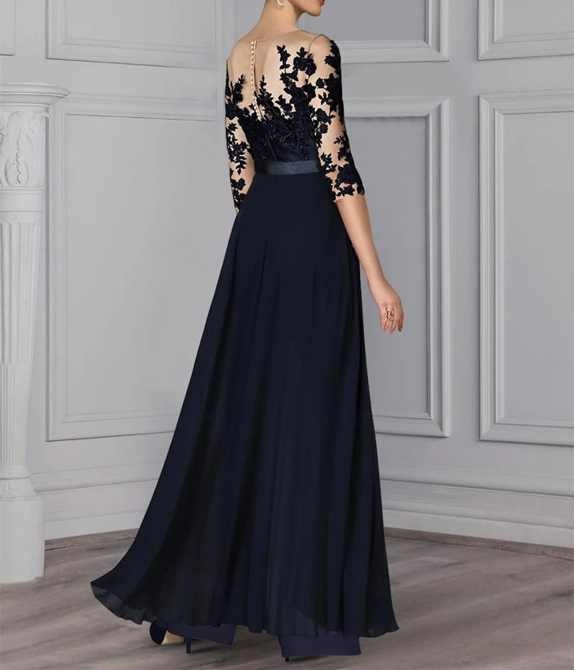 A-Line/Princess Jewel Neck 3/4 Length Sleeves Floor-Length Mother of the Bride Pantsuits with Applique - Image 2