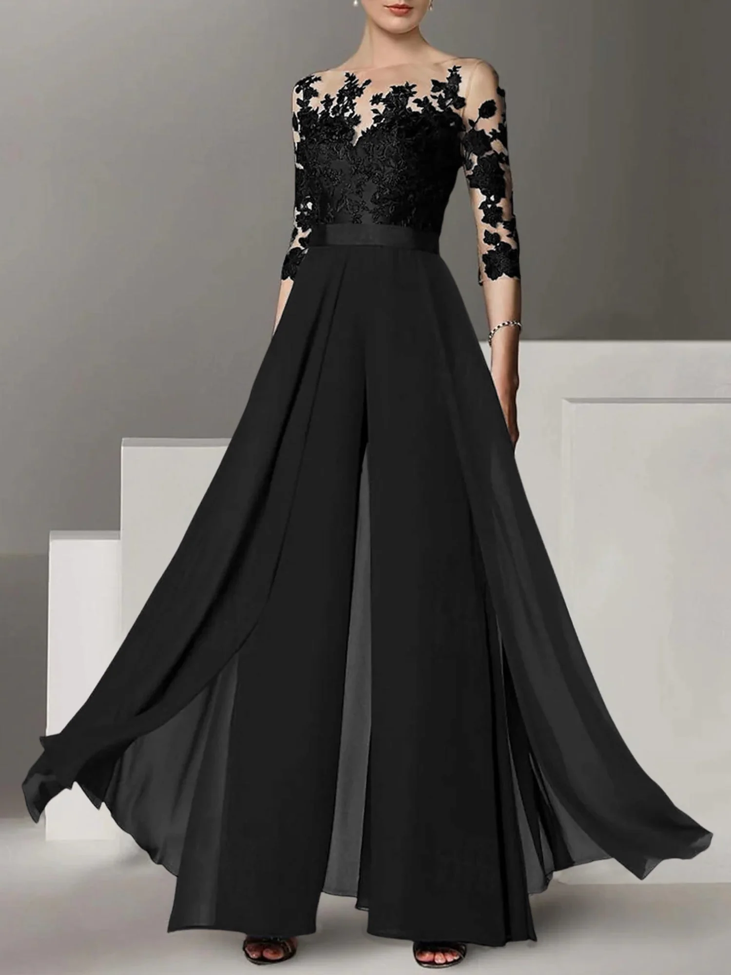A-Line/Princess Jewel Neck 3/4 Length Sleeves Floor-Length Mother of the Bride Pantsuits with Applique - Image 20