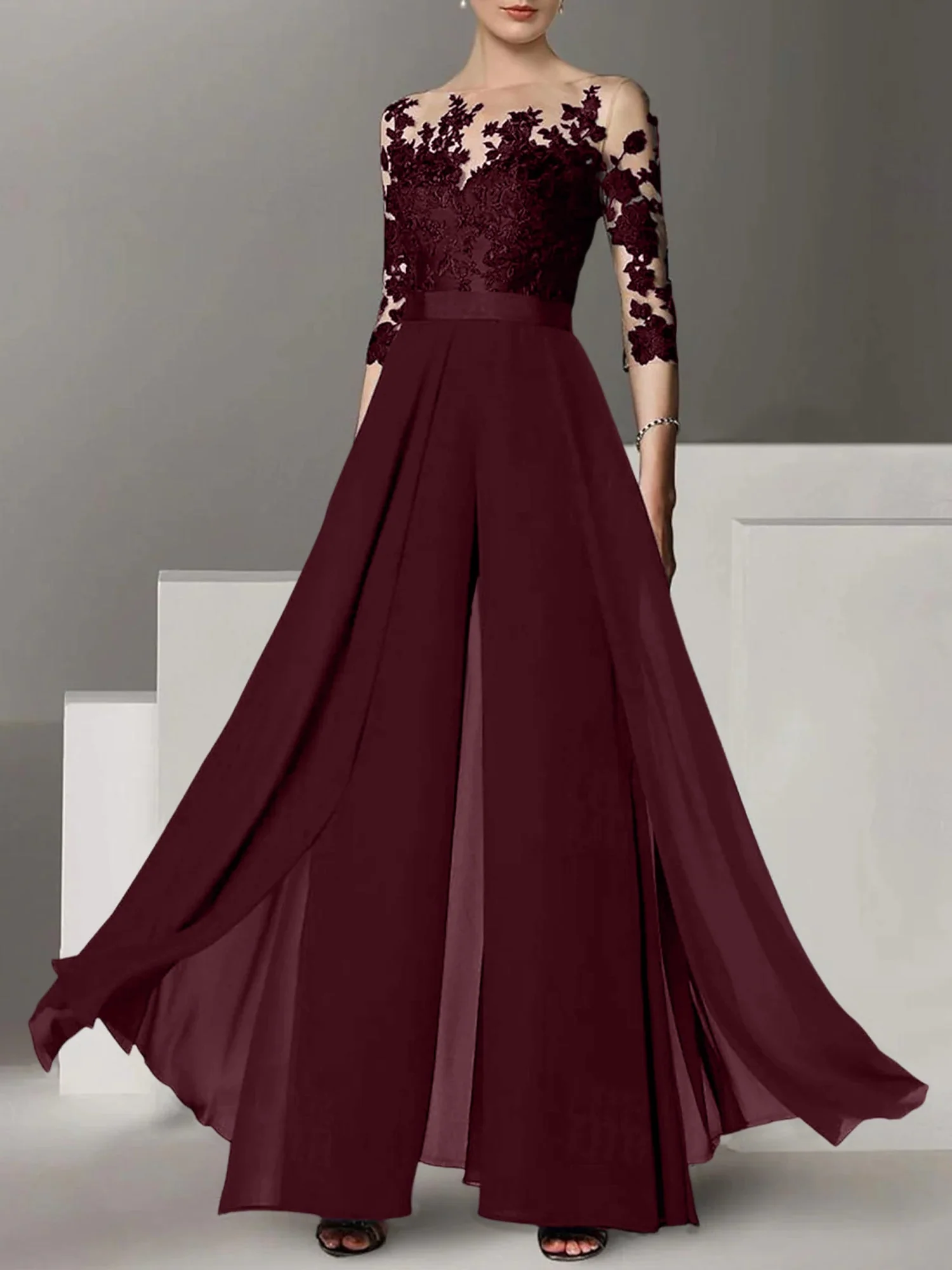 A-Line/Princess Jewel Neck 3/4 Length Sleeves Floor-Length Mother of the Bride Pantsuits with Applique - Image 21
