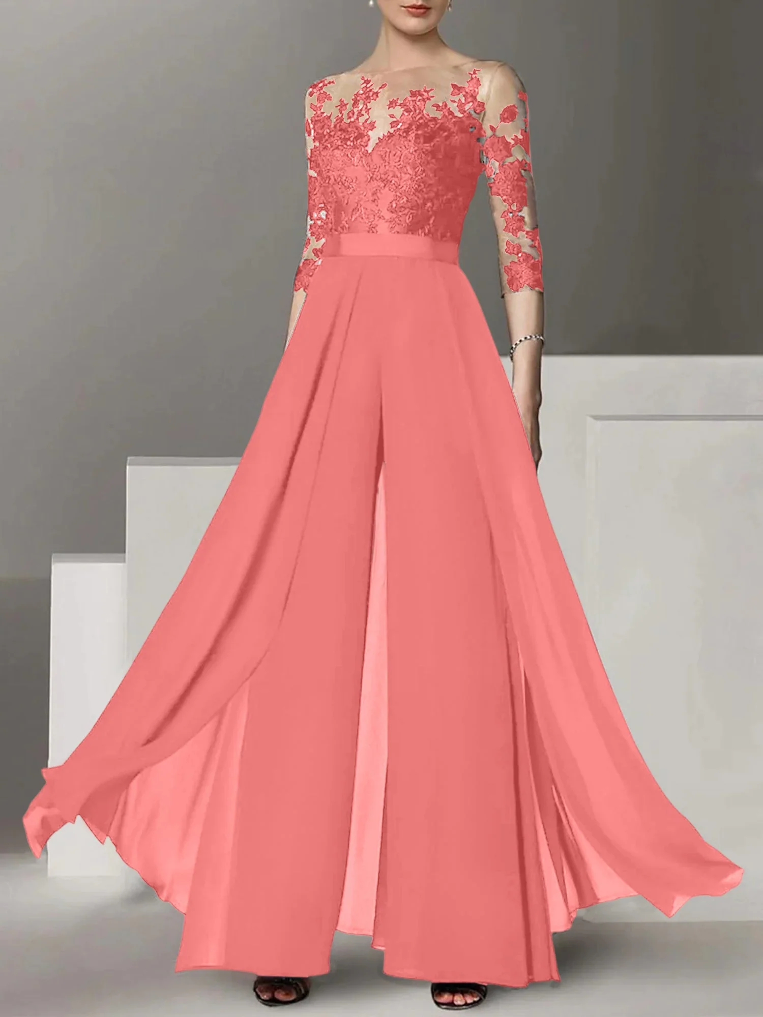 A-Line/Princess Jewel Neck 3/4 Length Sleeves Floor-Length Mother of the Bride Pantsuits with Applique - Image 23