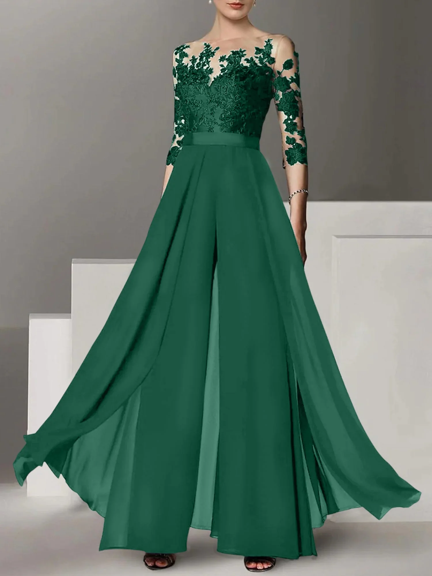 A-Line/Princess Jewel Neck 3/4 Length Sleeves Floor-Length Mother of the Bride Pantsuits with Applique - Image 24
