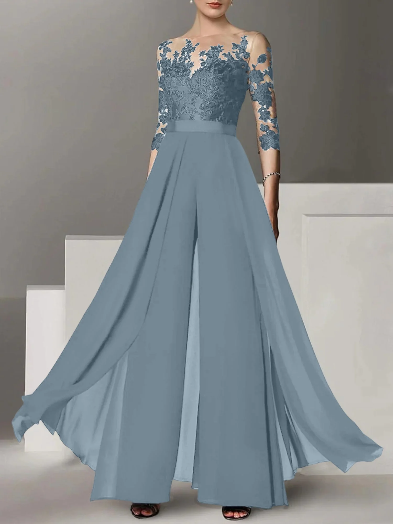 A-Line/Princess Jewel Neck 3/4 Length Sleeves Floor-Length Mother of the Bride Pantsuits with Applique - Image 25