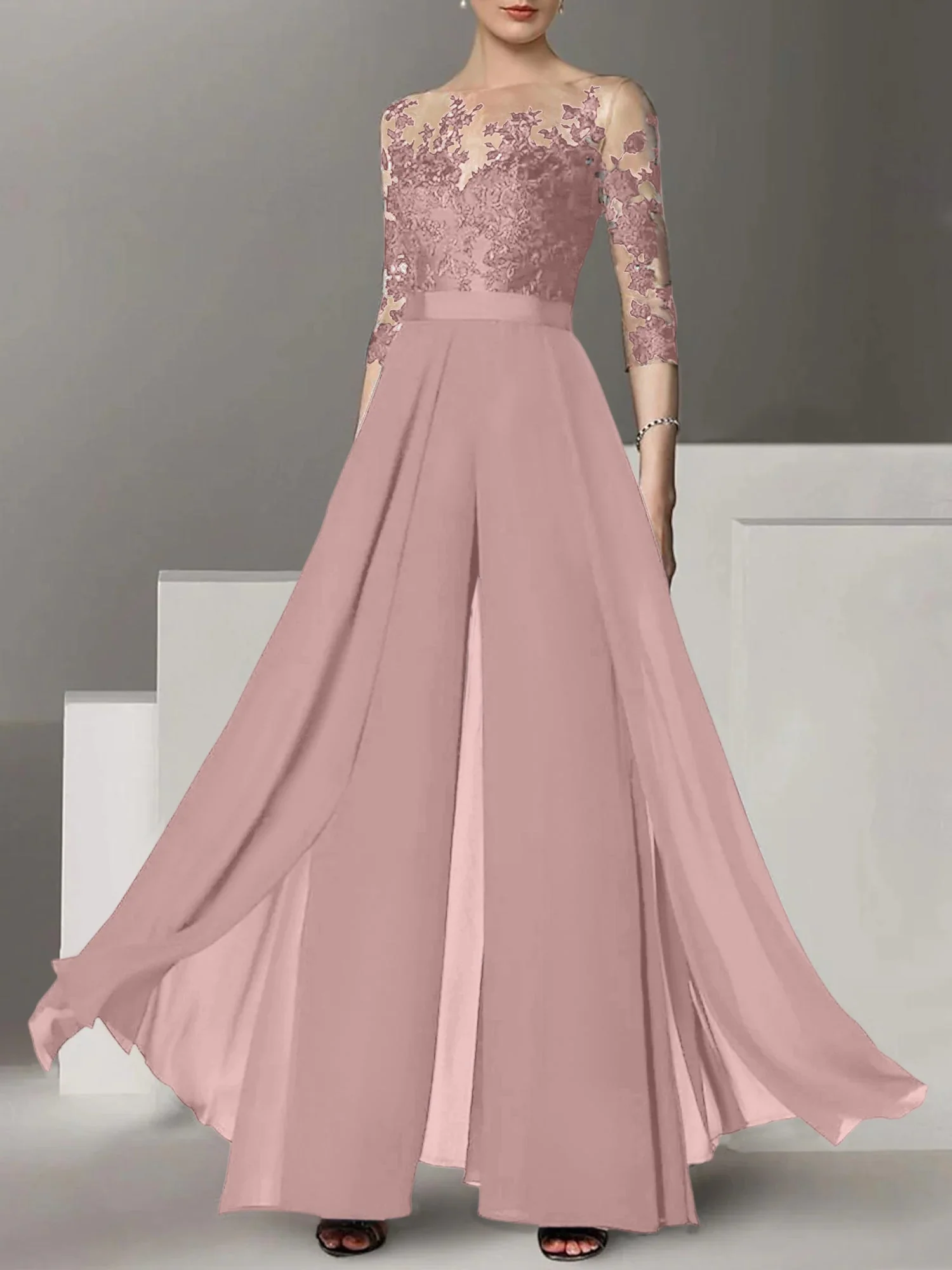 A-Line/Princess Jewel Neck 3/4 Length Sleeves Floor-Length Mother of the Bride Pantsuits with Applique - Image 26