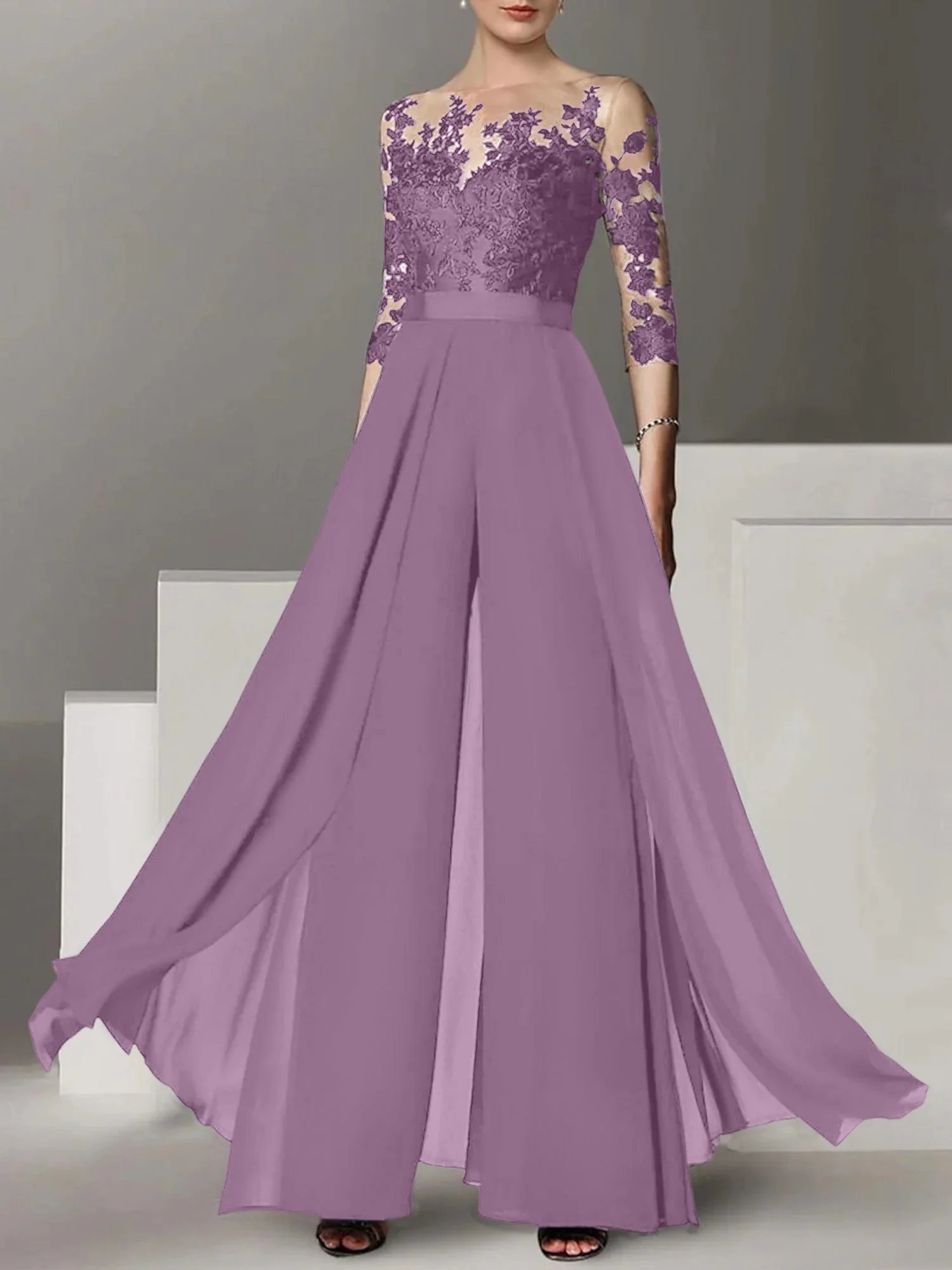 A-Line/Princess Jewel Neck 3/4 Length Sleeves Floor-Length Mother of the Bride Pantsuits with Applique - Image 27