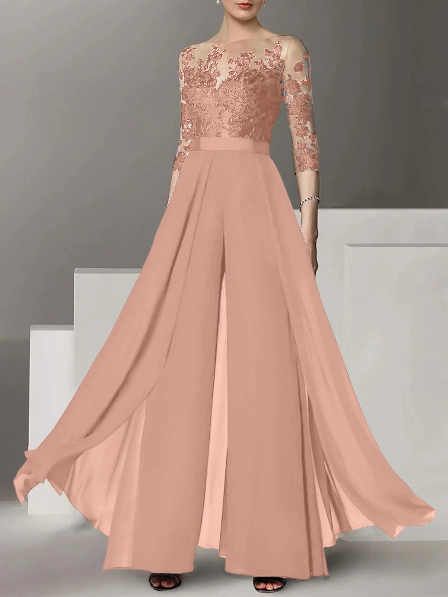 A-Line/Princess Jewel Neck 3/4 Length Sleeves Floor-Length Mother of the Bride Pantsuits with Applique - Image 28