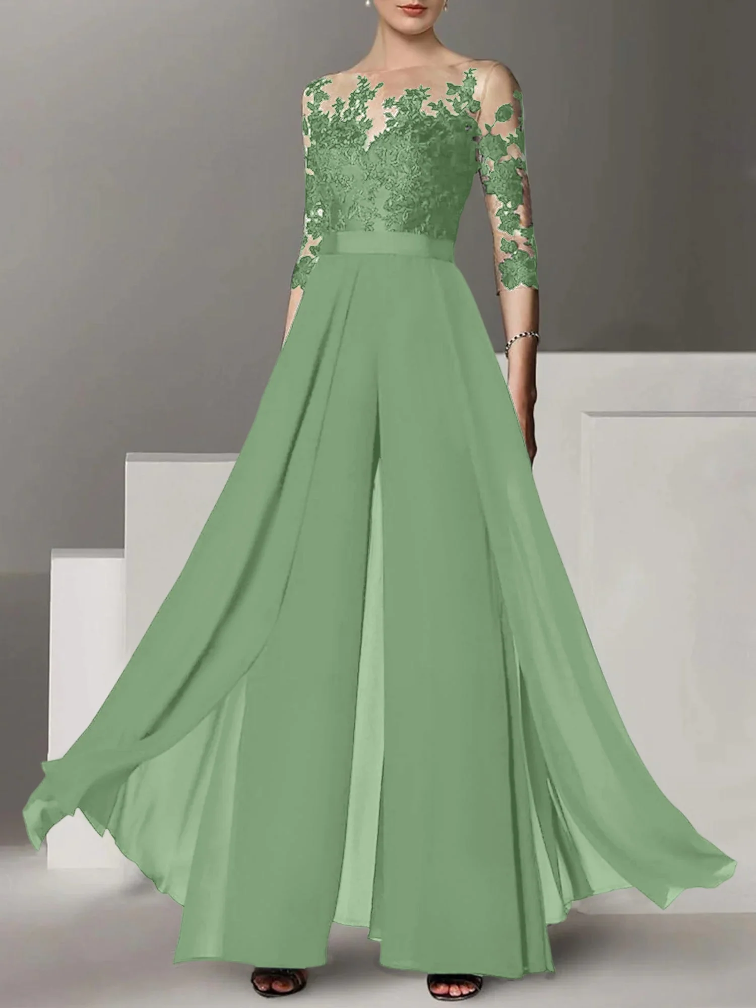 A-Line/Princess Jewel Neck 3/4 Length Sleeves Floor-Length Mother of the Bride Pantsuits with Applique - Image 29
