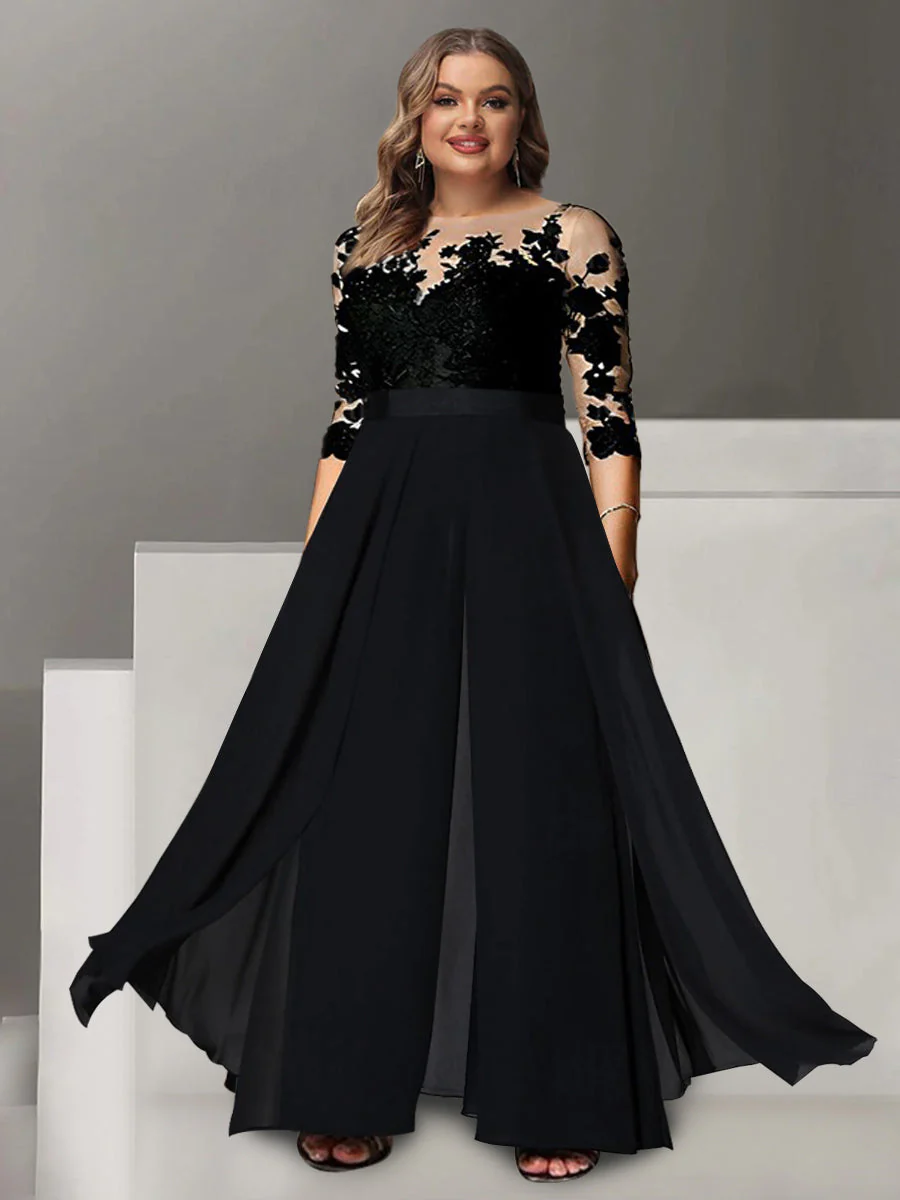 A-Line/Princess Jewel Neck 3/4 Length Sleeves Floor-Length Mother of the Bride Pantsuits with Applique - Image 3