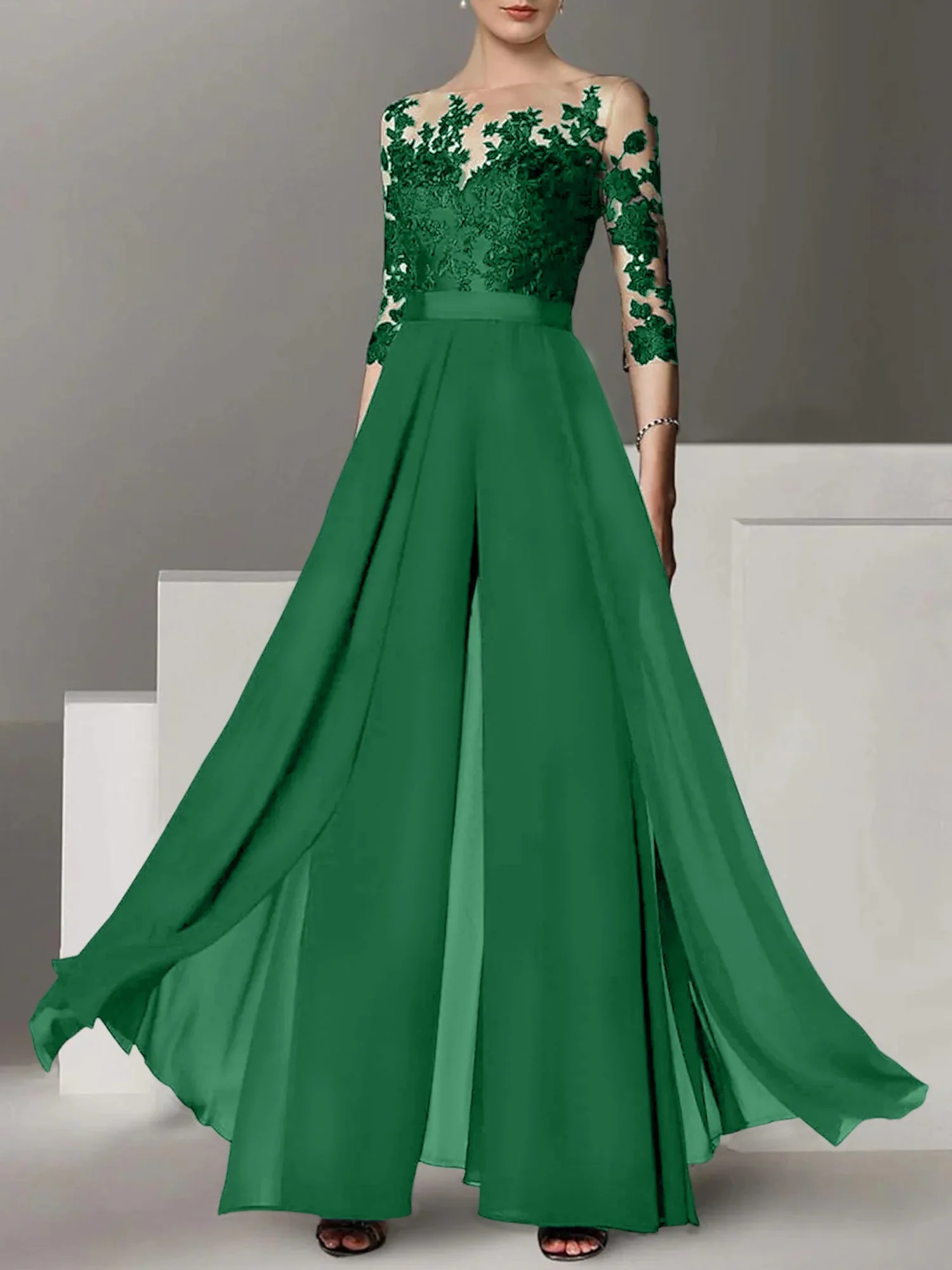 A-Line/Princess Jewel Neck 3/4 Length Sleeves Floor-Length Mother of the Bride Pantsuits with Applique - Image 30