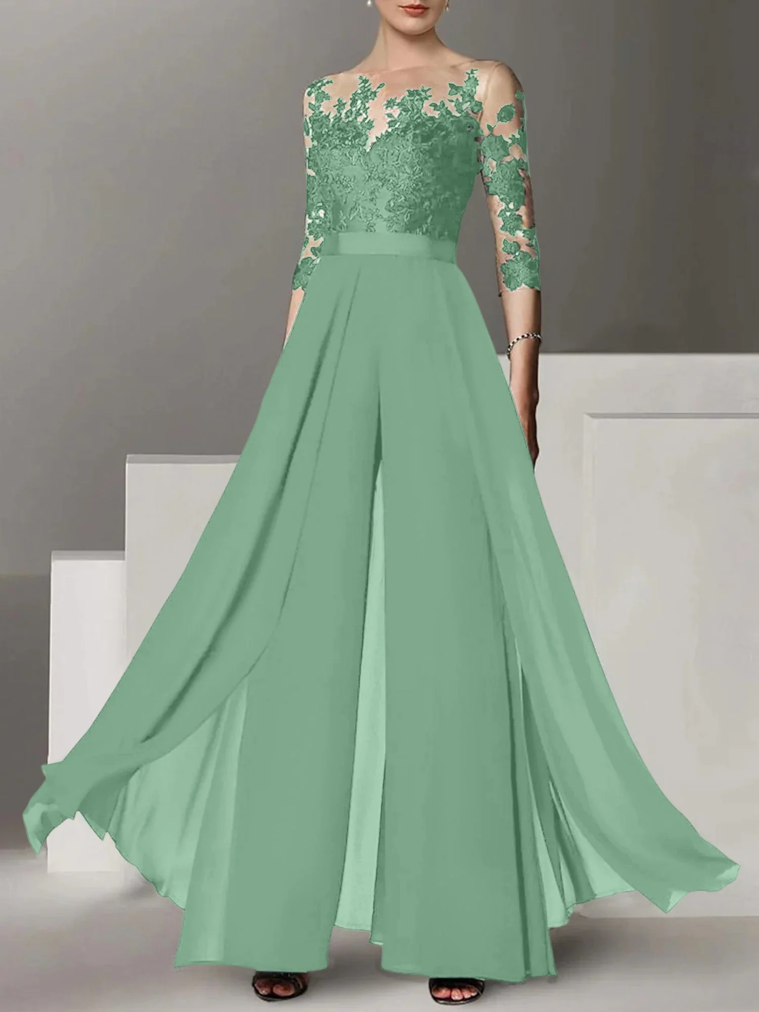 A-Line/Princess Jewel Neck 3/4 Length Sleeves Floor-Length Mother of the Bride Pantsuits with Applique - Image 31