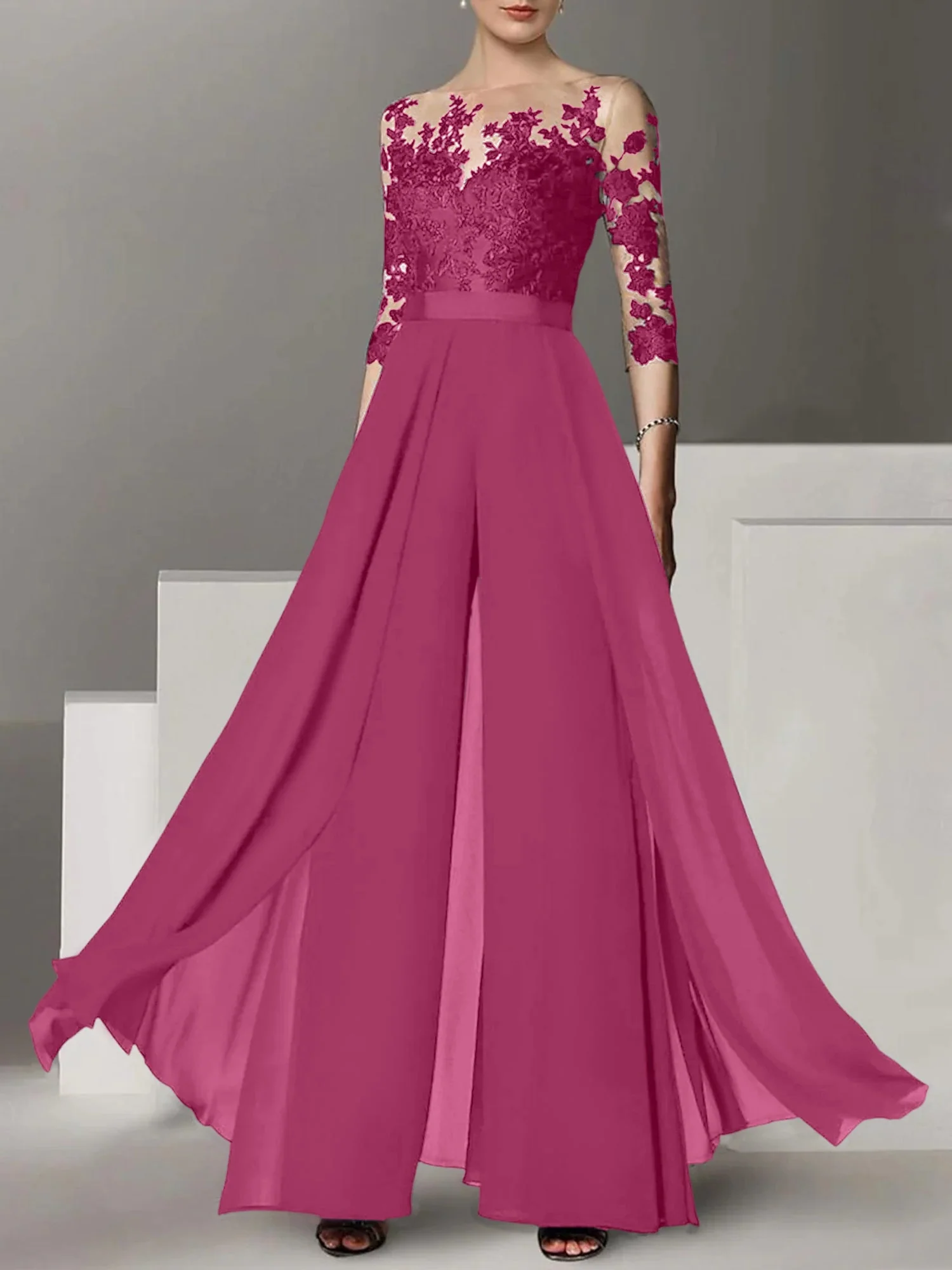 A-Line/Princess Jewel Neck 3/4 Length Sleeves Floor-Length Mother of the Bride Pantsuits with Applique - Image 32