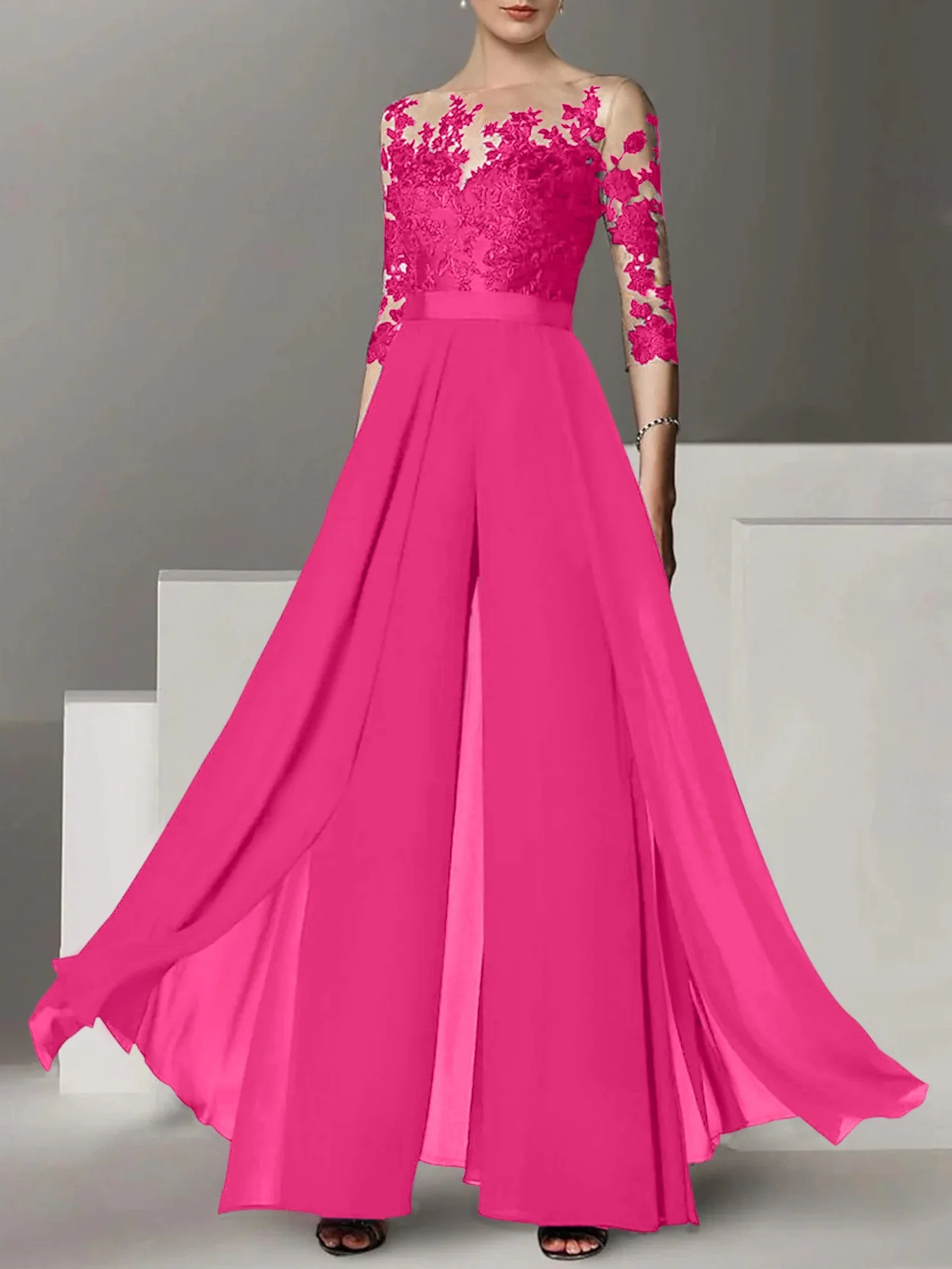 A-Line/Princess Jewel Neck 3/4 Length Sleeves Floor-Length Mother of the Bride Pantsuits with Applique - Image 33