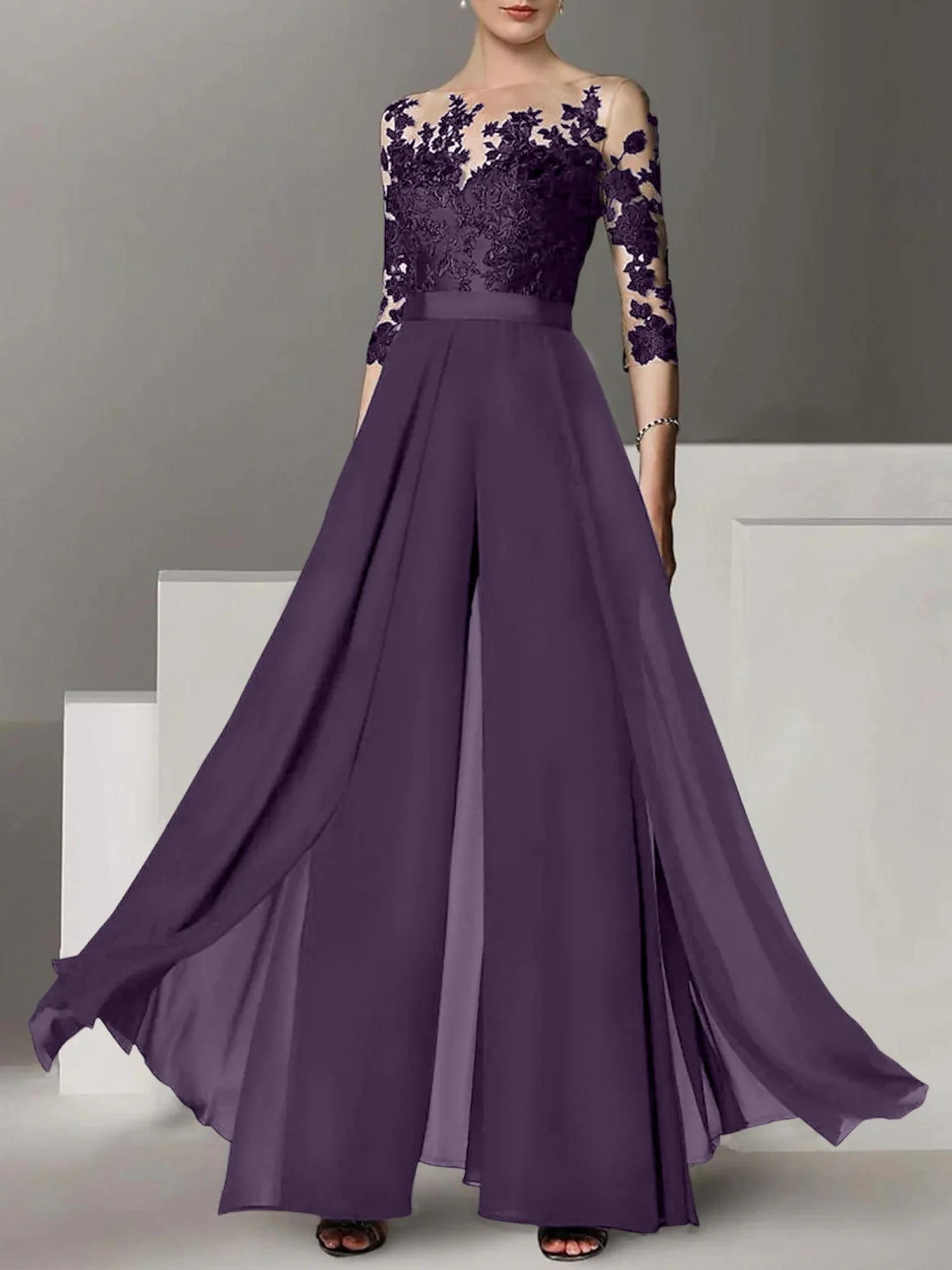 A-Line/Princess Jewel Neck 3/4 Length Sleeves Floor-Length Mother of the Bride Pantsuits with Applique - Image 34