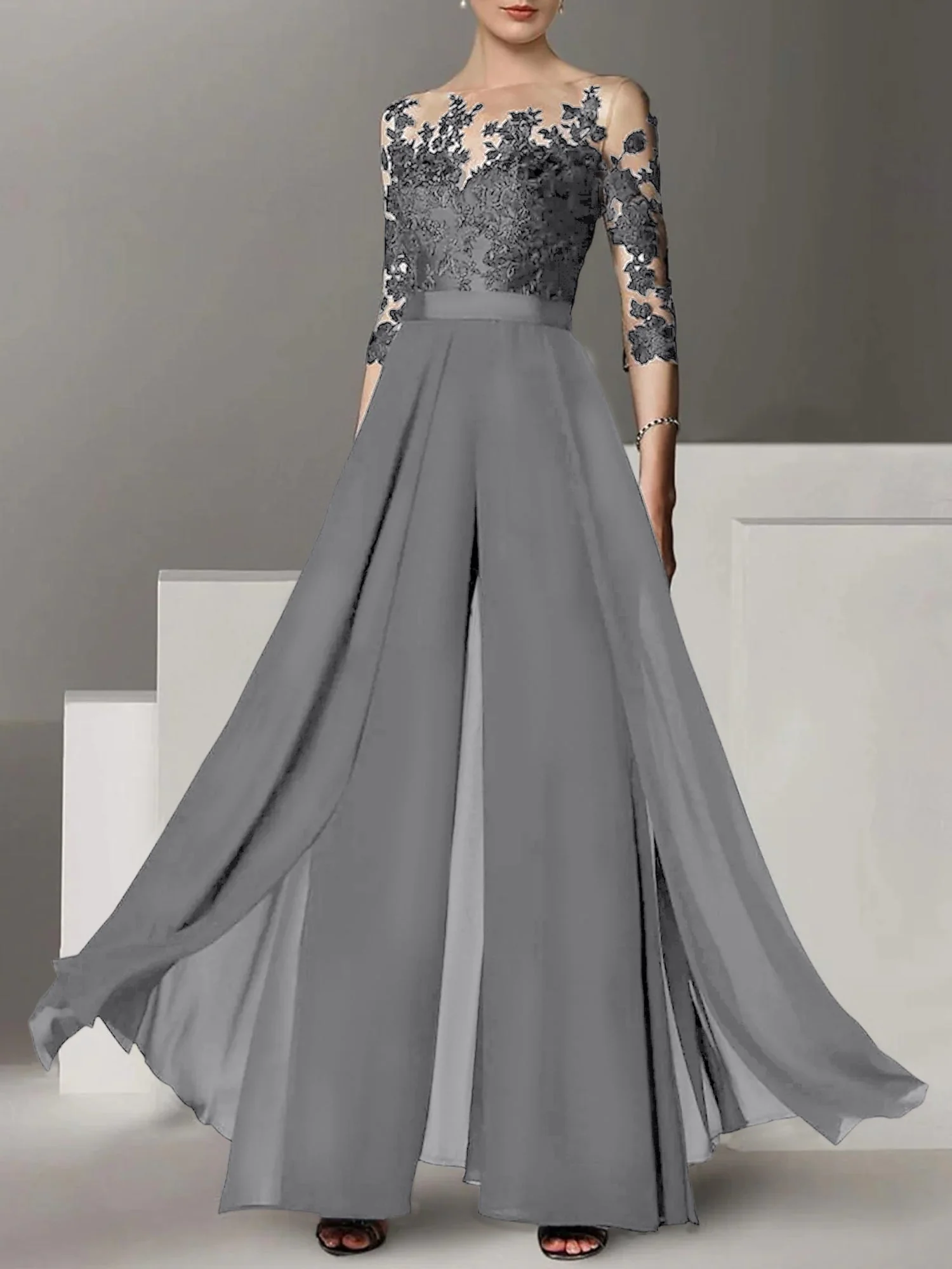 A-Line/Princess Jewel Neck 3/4 Length Sleeves Floor-Length Mother of the Bride Pantsuits with Applique - Image 35