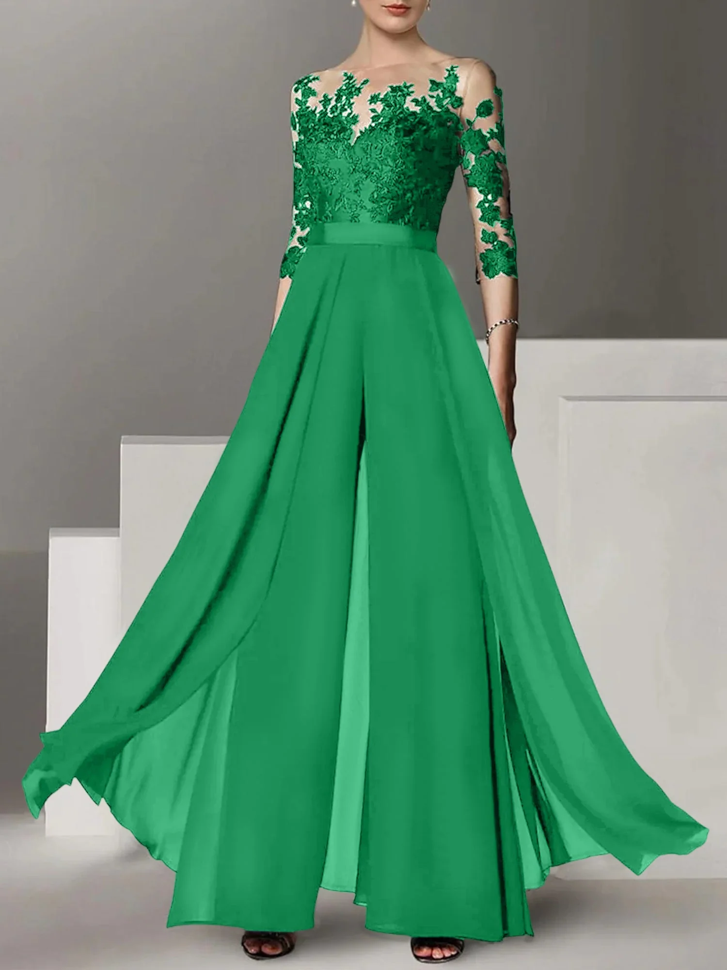 A-Line/Princess Jewel Neck 3/4 Length Sleeves Floor-Length Mother of the Bride Pantsuits with Applique - Image 36