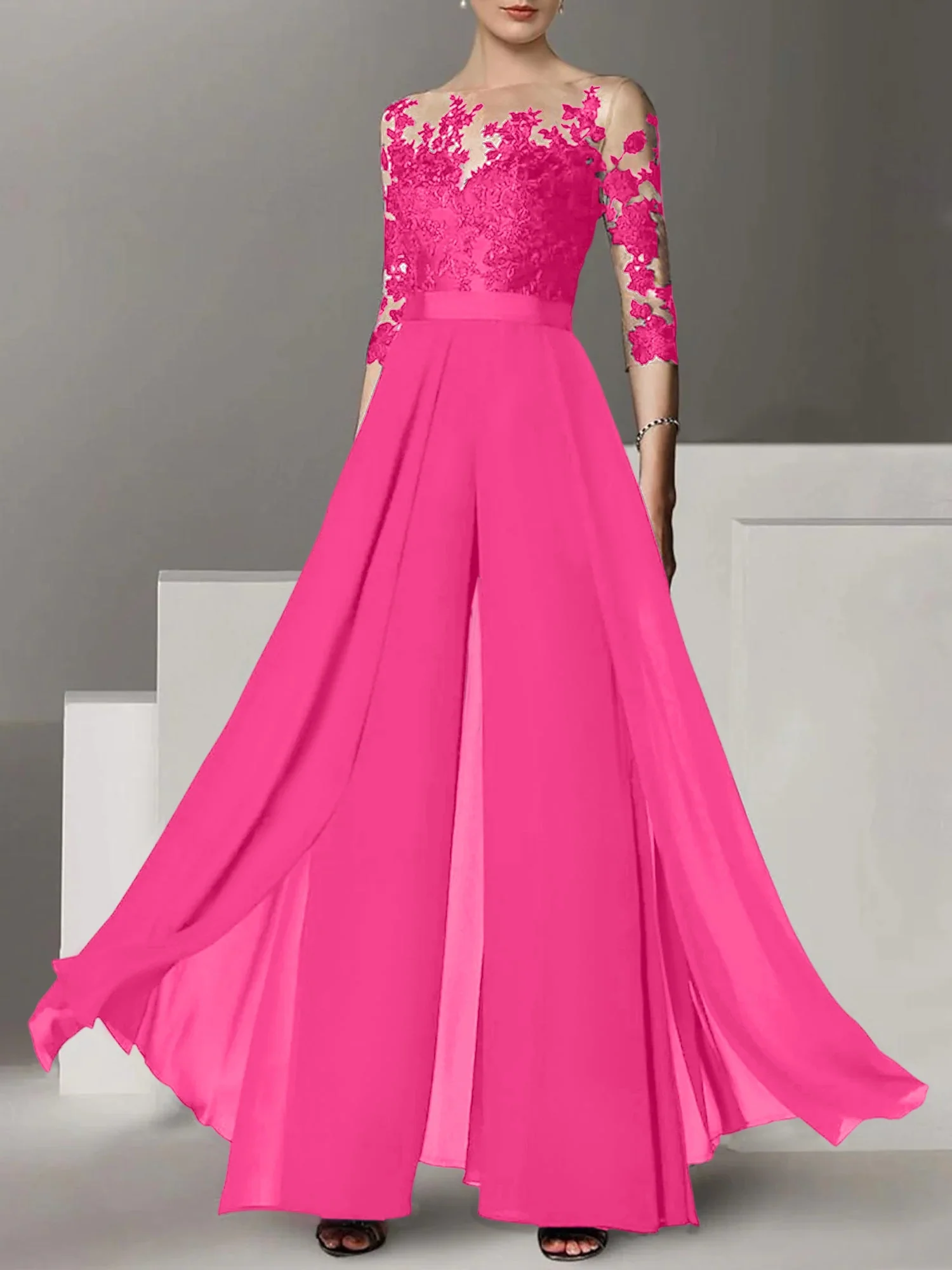 A-Line/Princess Jewel Neck 3/4 Length Sleeves Floor-Length Mother of the Bride Pantsuits with Applique - Image 37